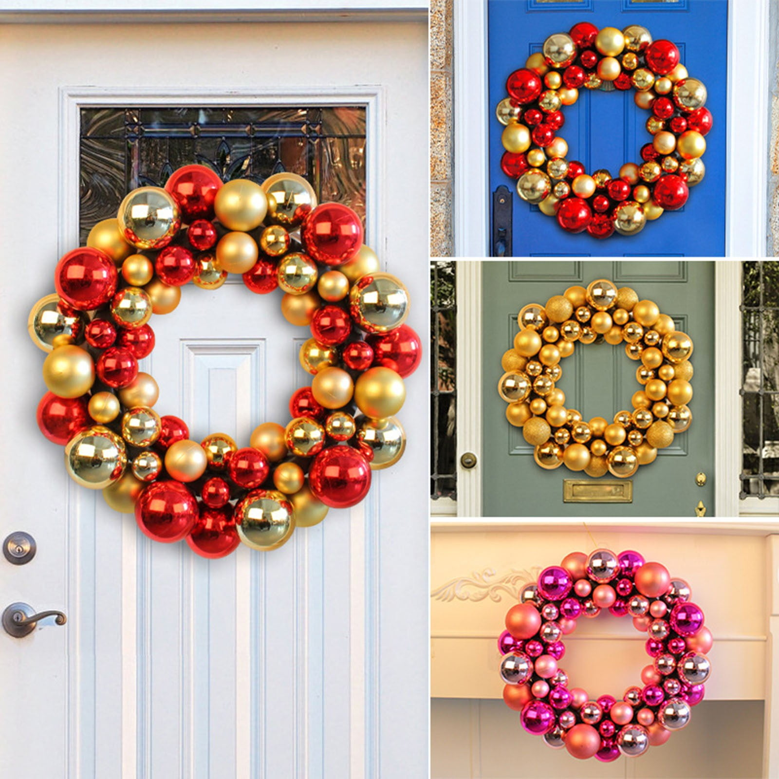 Eine Collage von vier Kränzen aus glänzenden Weihnachtskugeln in Rot, Gold und Rosa, die an Türen hängen.