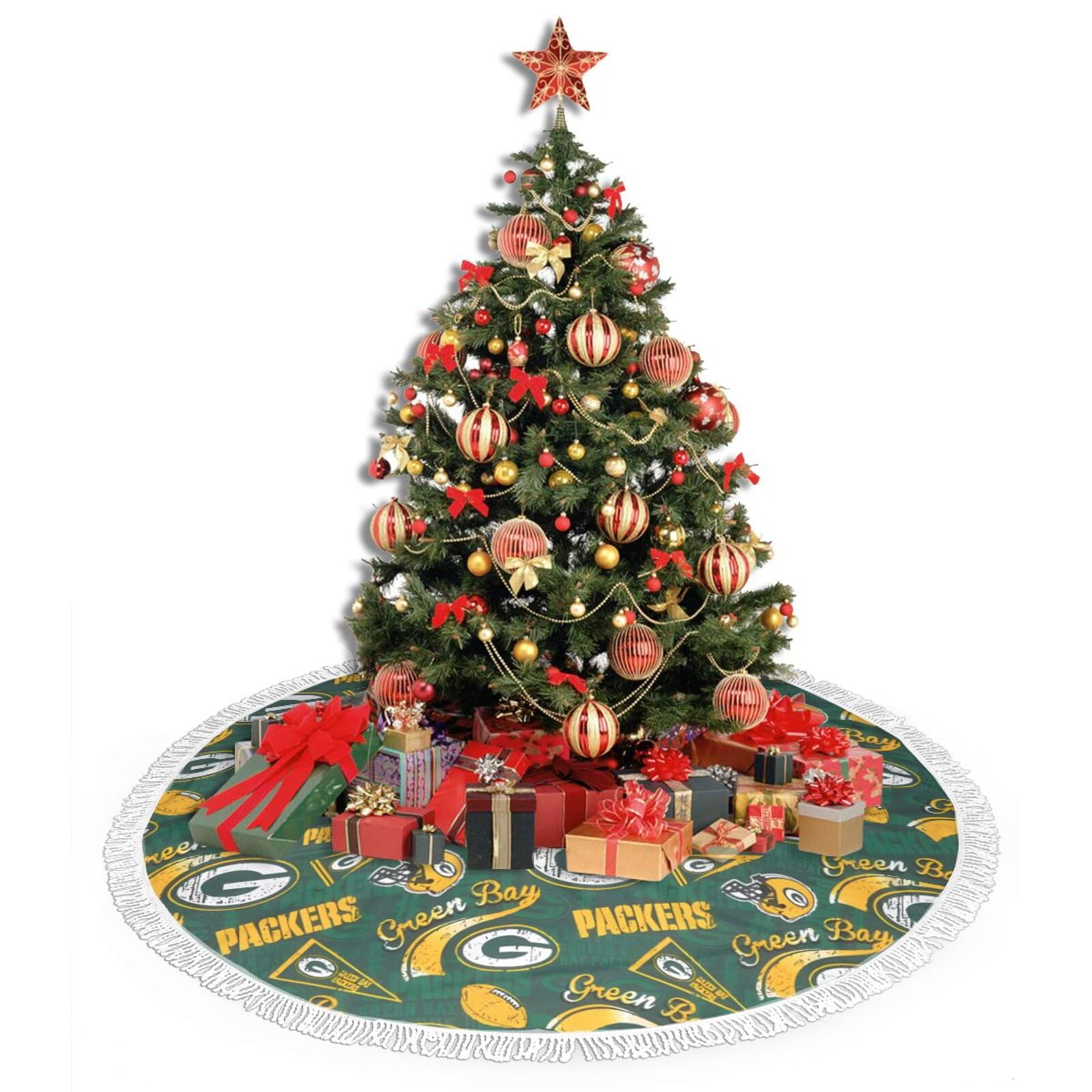 Ein geschmückter Weihnachtsbaum mit roten und goldenen Ornamenten, gekrönt von einem Stern. Geschenke umgeben die Basis auf einem Green Bay Packers Baumrock.