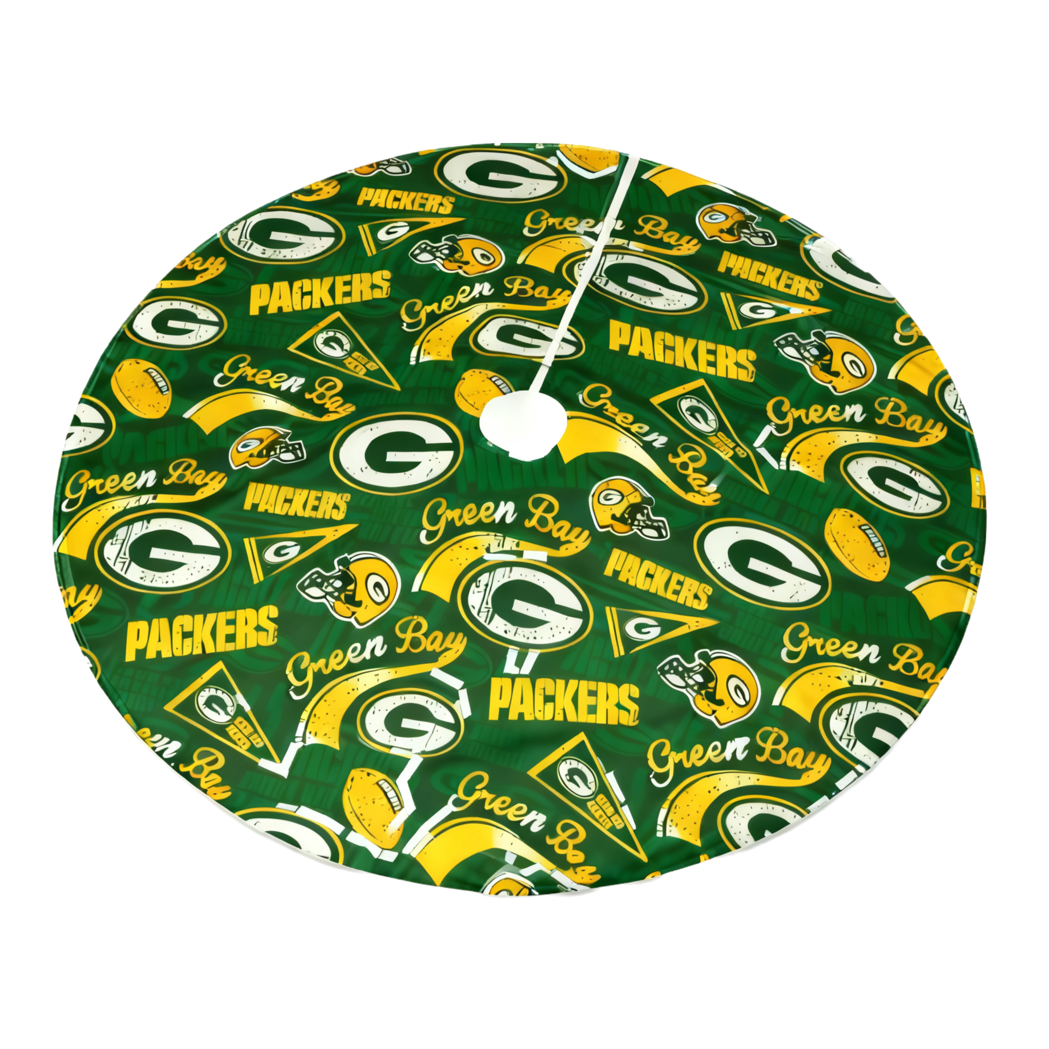 Ein runder Weihnachtsbaumrock der Green Bay Packers. Er hat das Logo, Helme und die Wörter 'Packers' und 'Green Bay'.