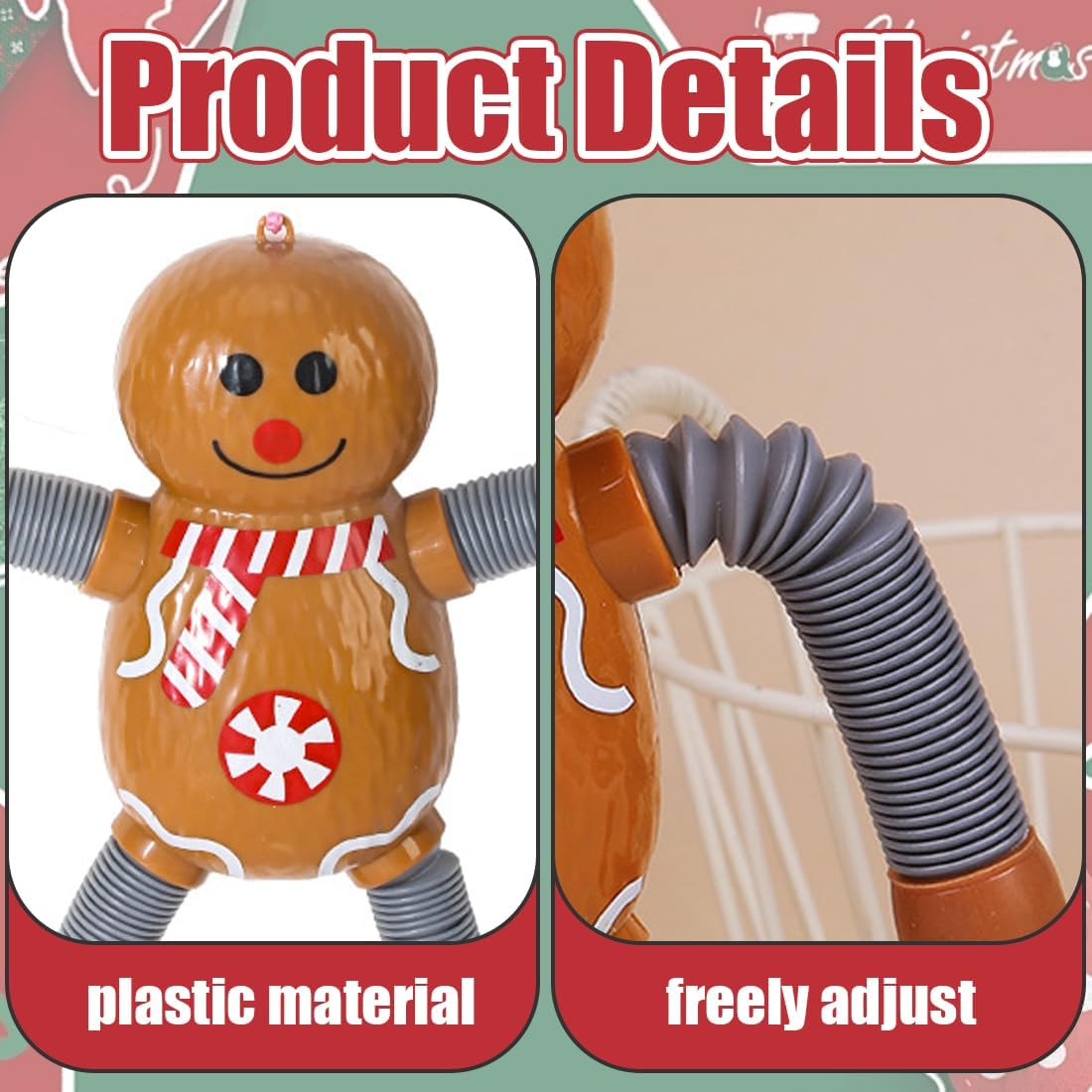 Lebkuchenmann-Spielzeug mit Schal und Knopf. Verstellbare graue Arme und Beine. Produkt-Details Banner.
