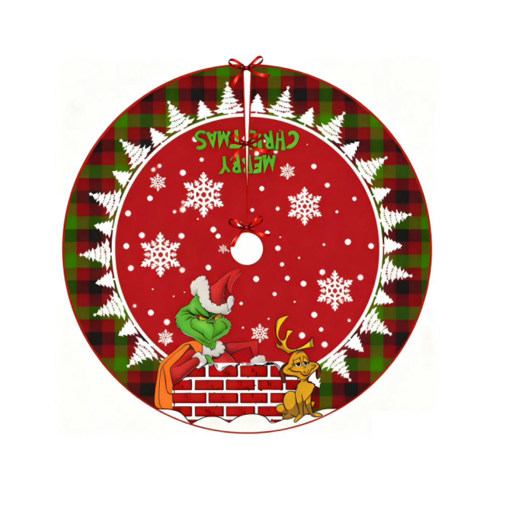 Ein Weihnachtsbaumrock mit dem Grinch und Max. Roter Hintergrund mit Schneeflocken und einem grün-roten Karomuster.