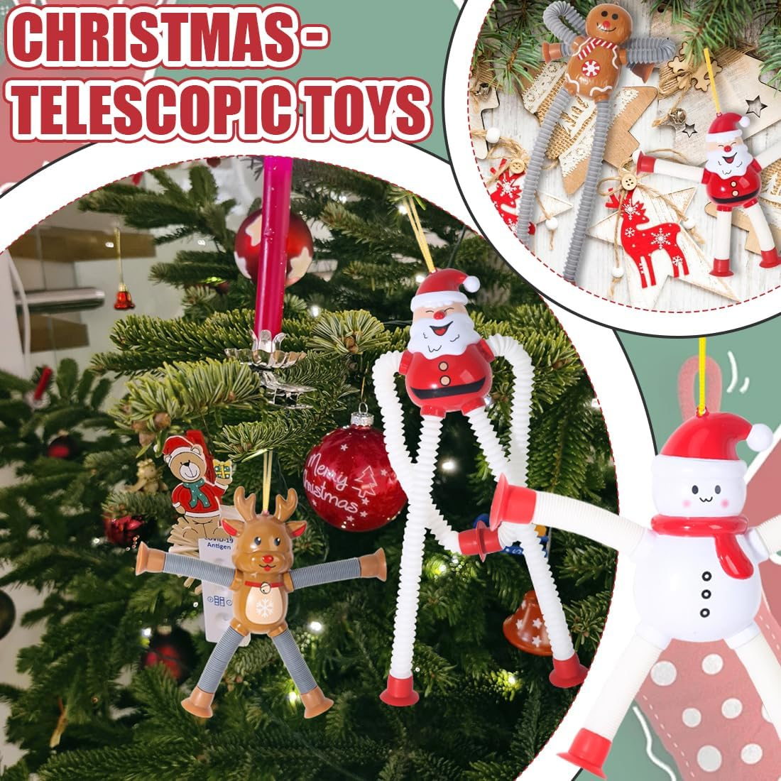 Weihnachtsbaum mit verschiedenen Ornamenten. Spielzeug von Weihnachtsmann, Rentier, Schneemann und Lebkuchenmann. Rote und weiße Farben dominieren.