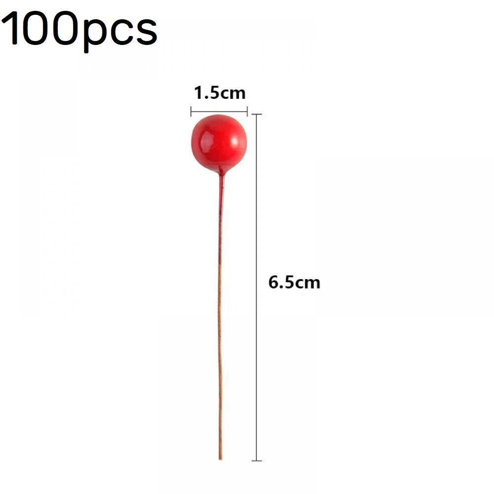 Eine rote, runde Beere an einem dünnen, braunen Stiel. Sie misst 1,5 cm breit und der Stiel ist 6,5 cm lang. Der Text "100 Stück" steht oben links.