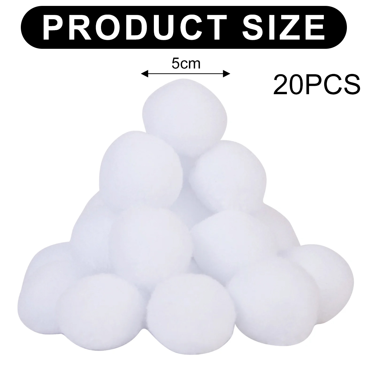 Das Bild zeigt einen Haufen weißer Pompons. Oben steht 'PRODUCT SIZE' mit einem Pfeil, der 5 cm anzeigt, und rechts '20PCS'.