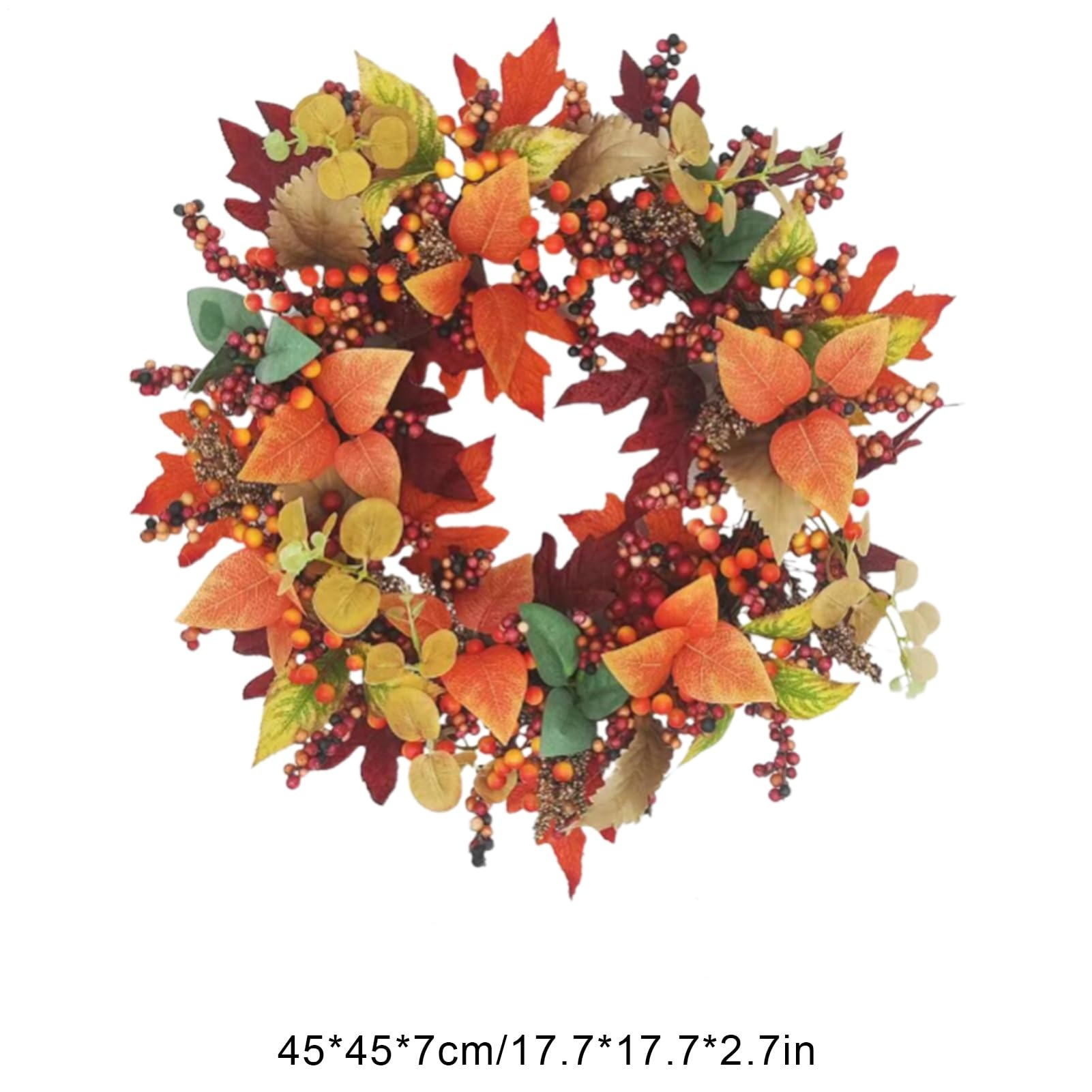 Ein Herbstkranz mit orangefarbenen, grünen und burgunderfarbenen Blättern und Beeren auf weißem Grund.