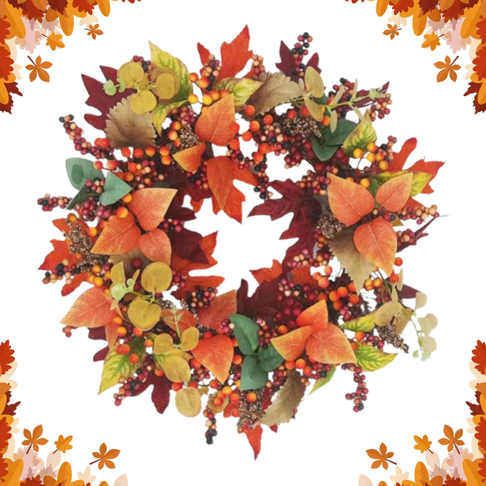 Ein Herbstkranz mit orangefarbenen, roten und grünen Blättern, Beeren und einem weißen Hintergrund mit dekorativen Blättern.