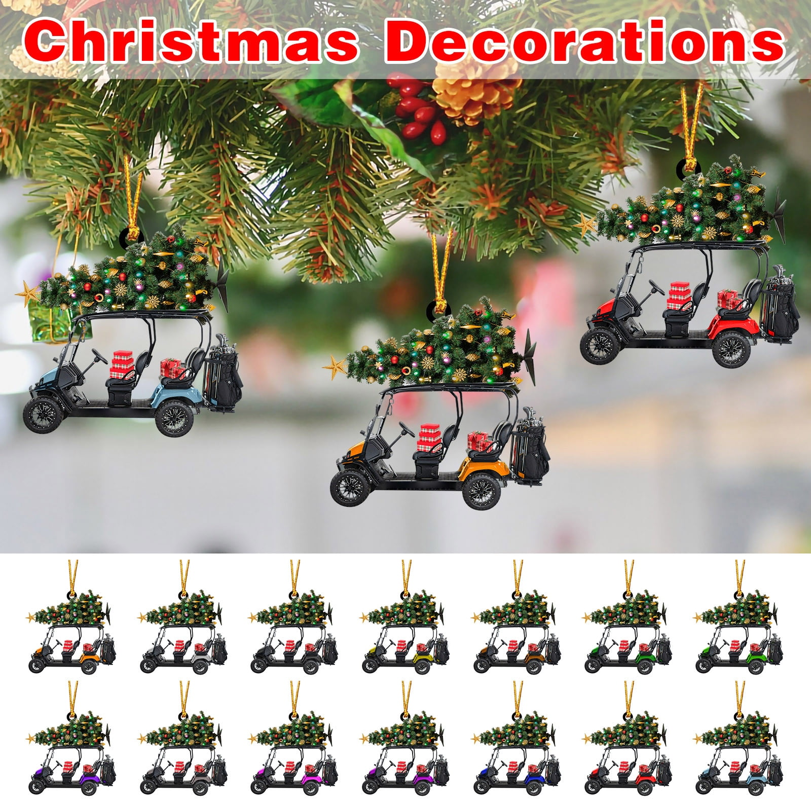Weihnachtsschmuck: Golfwagen mit Weihnachtsbäumen. Verschiedene Farben. Festliche Szene.