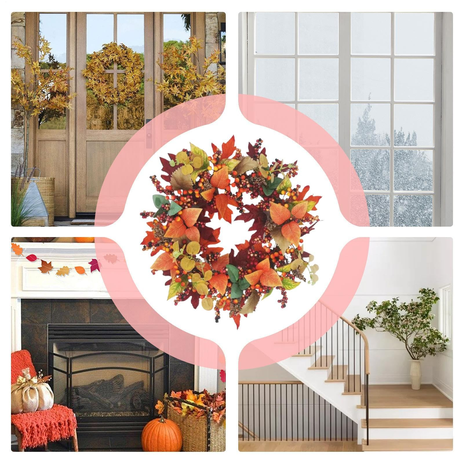 Eine Collage mit einem Herbstkranz, einer Tür, einem Fenster, einem Kamin mit Kürbis und einer Treppe.
