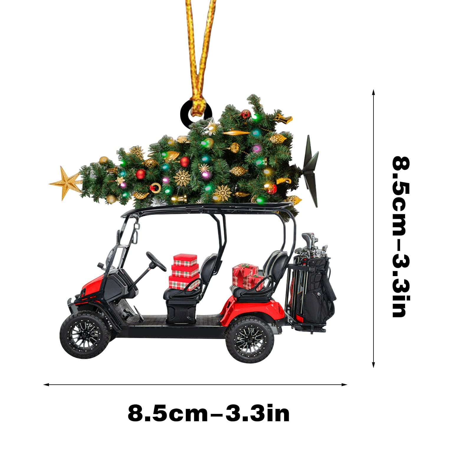 Ein Golfwagen-Ornament mit einem Weihnachtsbaum oben drauf. Geschenke und Golfschläger sind sichtbar. Der Wagen ist rot und schwarz.