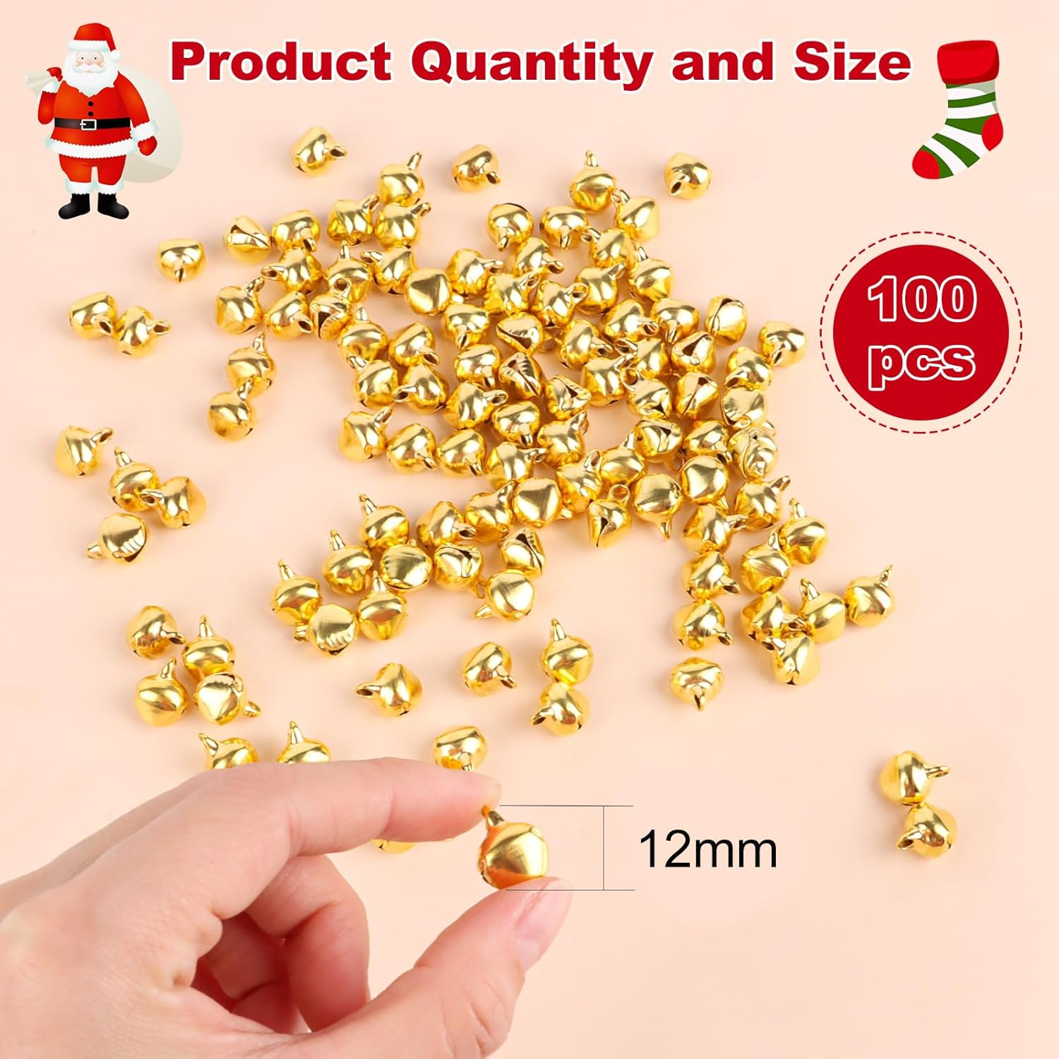 Goldene Glocken verstreut, eine Hand hält eine. Text: 'Produktmenge und -größe'. Roter Kreis mit '100 Stück', und '12mm'.