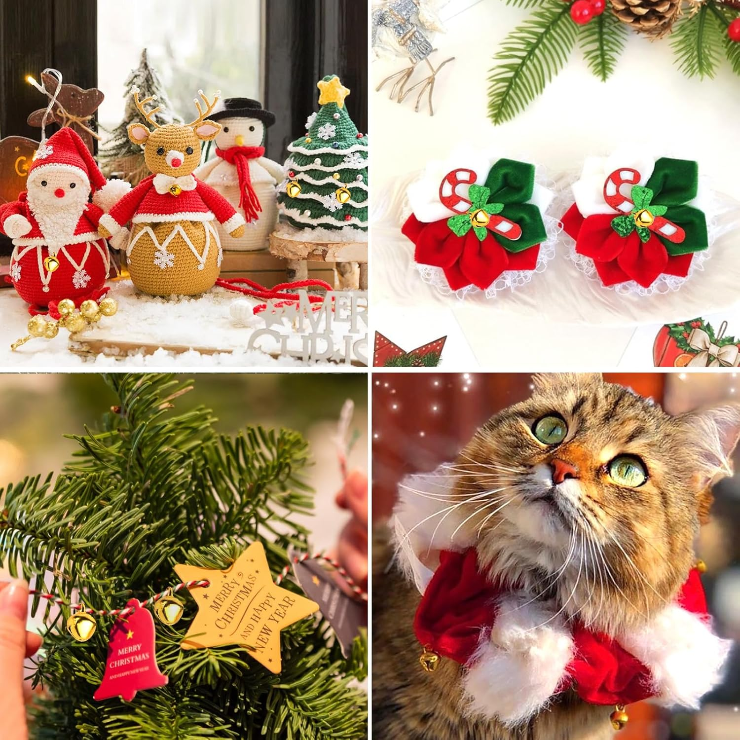 Weihnachtsdekorationen: Weihnachtsmann, Rentier, Schneemann, Baum. Außerdem blütenförmige Ornamente, eine Katze mit Halsband und ein kleiner Weihnachtsbaum.