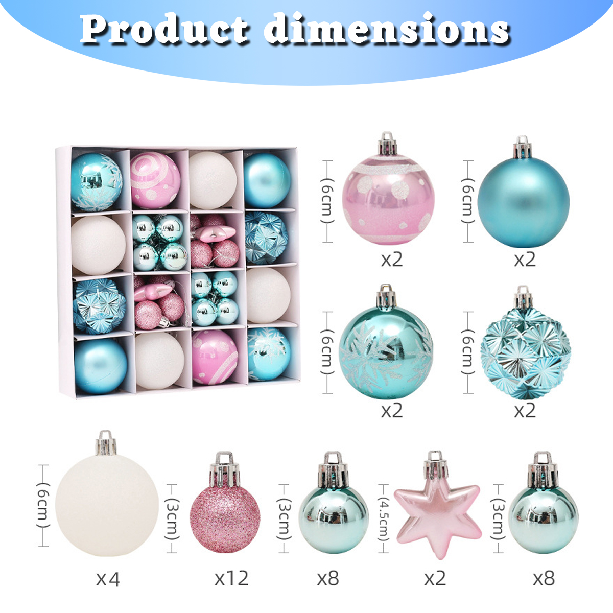 Das Bild zeigt Weihnachtsschmuck in einer Box und separat. Ornamente sind verschiedene Farben und Stile, einschließlich Kugeln und Sterne. Abmessungen sind angegeben.