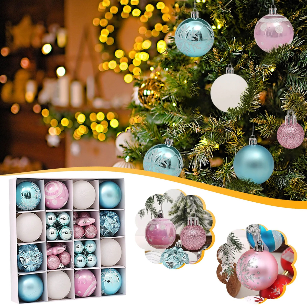 Ein Weihnachtsbaum mit Ornamenten verschiedener Farben und Texturen. Eine Schachtel mit Ornamenten und einige Nahaufnahmen sind ebenfalls vorhanden.