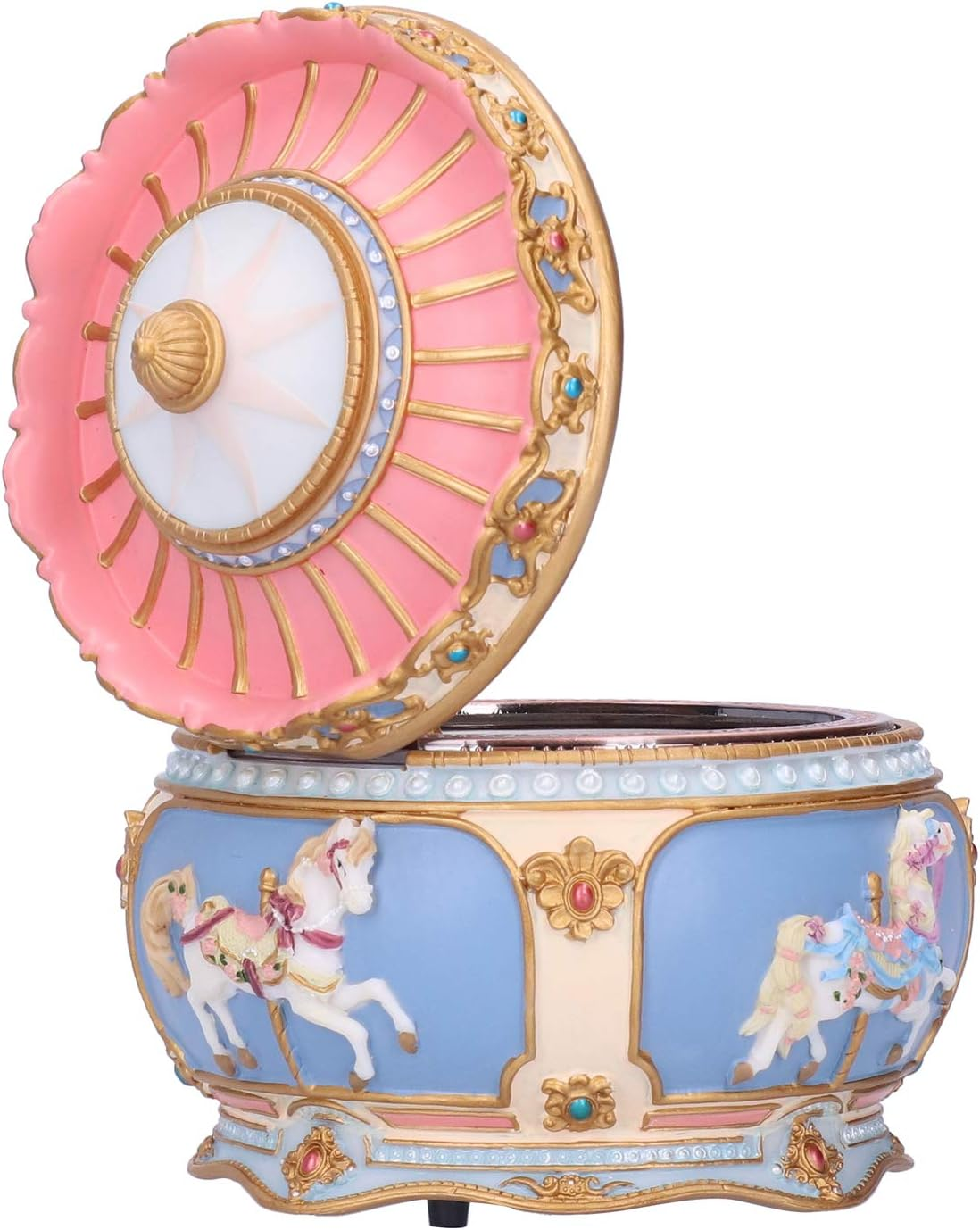 Eine Spieluhr im Karussell-Design mit offenem Deckel. Sie hat rosa, blaue, goldene und weiße Farben mit Pferdefiguren. Der Deckel ist offen.
