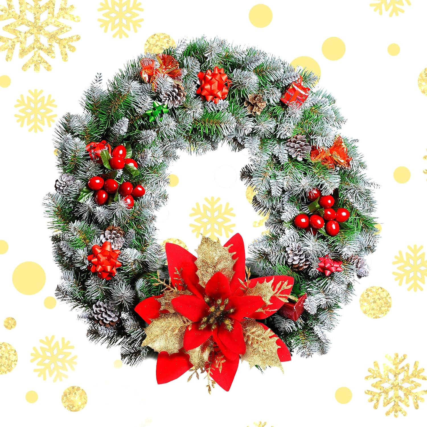 Ein Weihnachtskranz mit grünen Tannennadeln, roten Beeren, Schleifen und einem Weihnachtsstern. Goldene Schneeflocken und Punkte auf weißem Grund.
