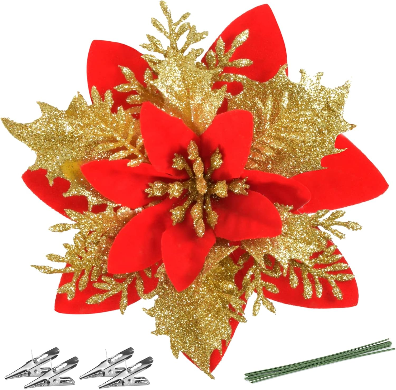Eine rote und goldene Weihnachtssternblume, Clips und grüne Drähte liegen auf Weiß. Die Blume hat rote Blütenblätter und goldene Glitzerakzente.