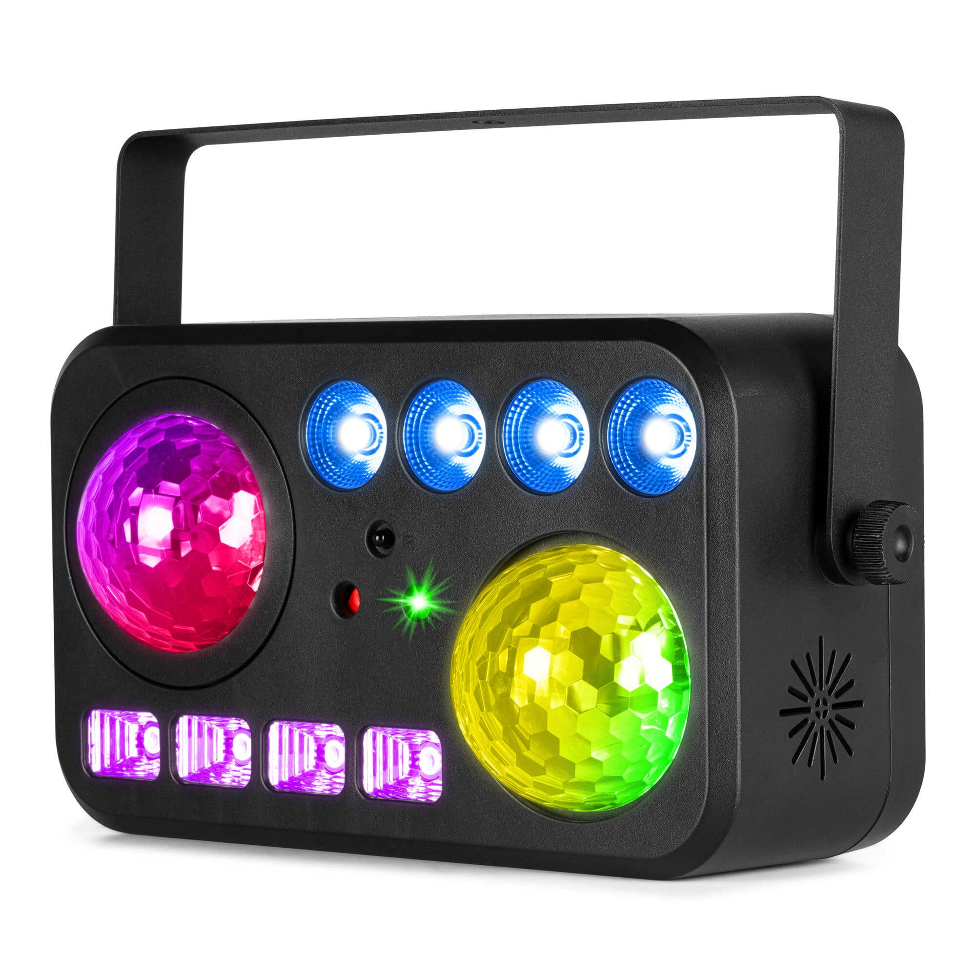 Luz de discoteca negra con asa. Tiene bombillas de colores y un asa en la parte superior. Las luces son rojas, azules, verdes y amarillas.
