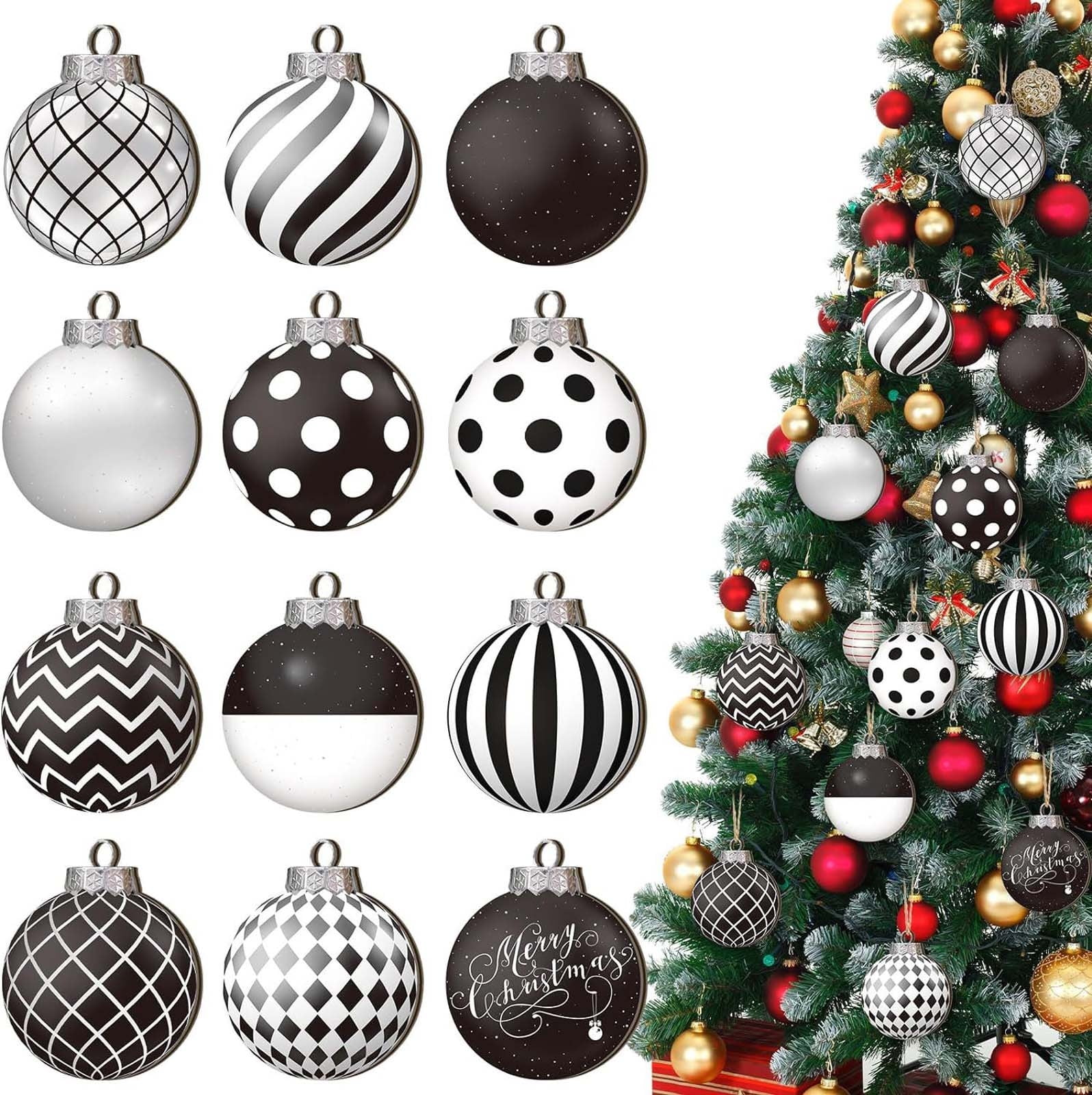 Weihnachtsbaum mit Ornamenten. Verschiedene schwarz-weiß gemusterte Kugeln. Rote und goldene Ornamente. Festliche Szene.