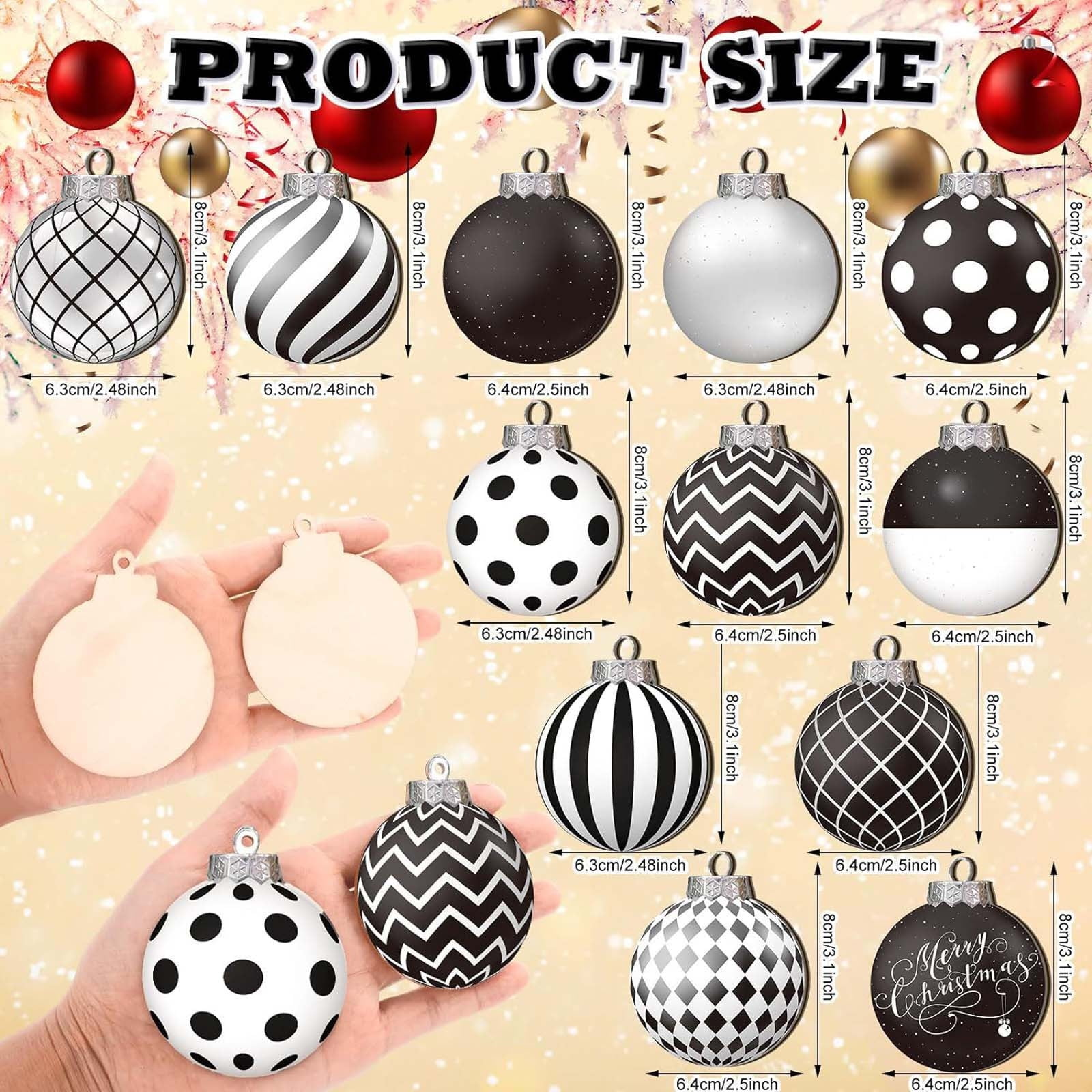Das Bild zeigt Weihnachtsschmuck mit verschiedenen Mustern. Zwei Hände halten schlichte Ornamente. Text sagt 'PRODUCT SIZE'.