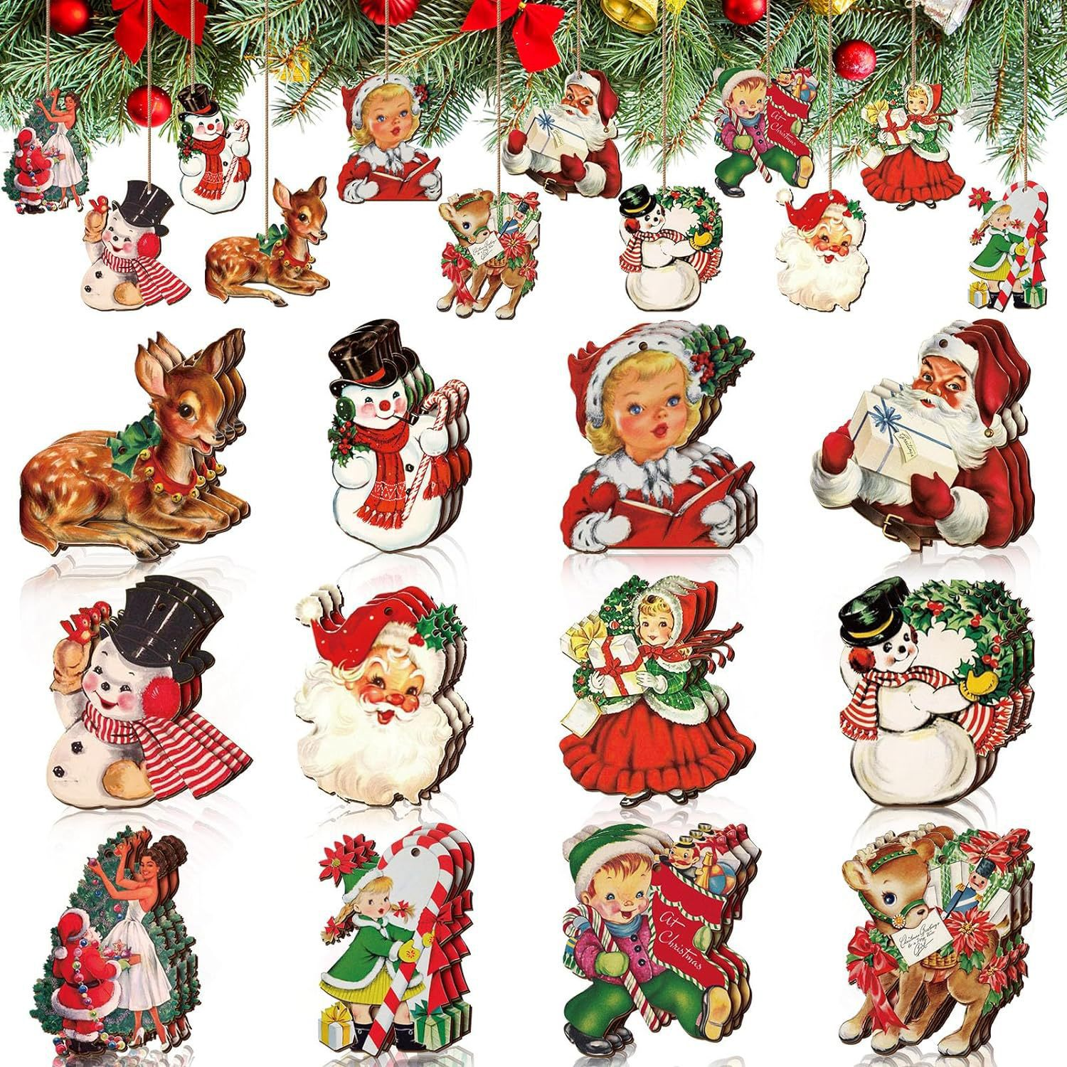 Weihnachtsschmuck: Weihnachtsmänner, Schneemänner, Hirsche, Kinder und eine Frau sind abgebildet. Ornamente hängen an einer grünen Girlande mit roten Schleifen.