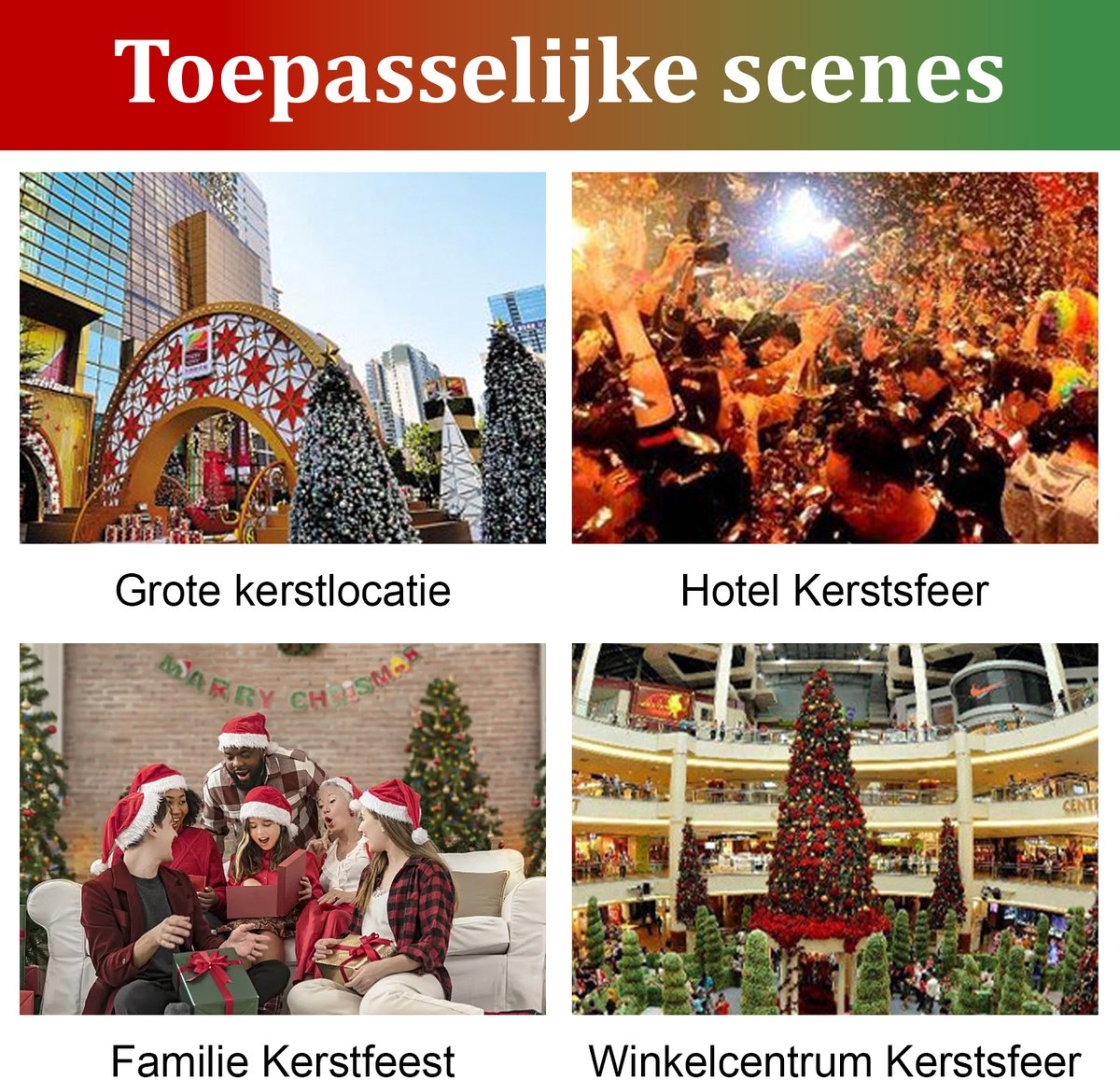 Das Bild zeigt vier Weihnachtsszenen: einen großen Außenbereich, eine Hotelparty, eine feiernde Familie und ein Einkaufszentrum.