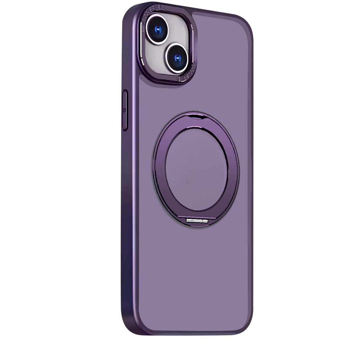Una custodia per telefono viola con un anello. Presenta un ritaglio per doppia fotocamera e un pulsante laterale. Lo sfondo è bianco.