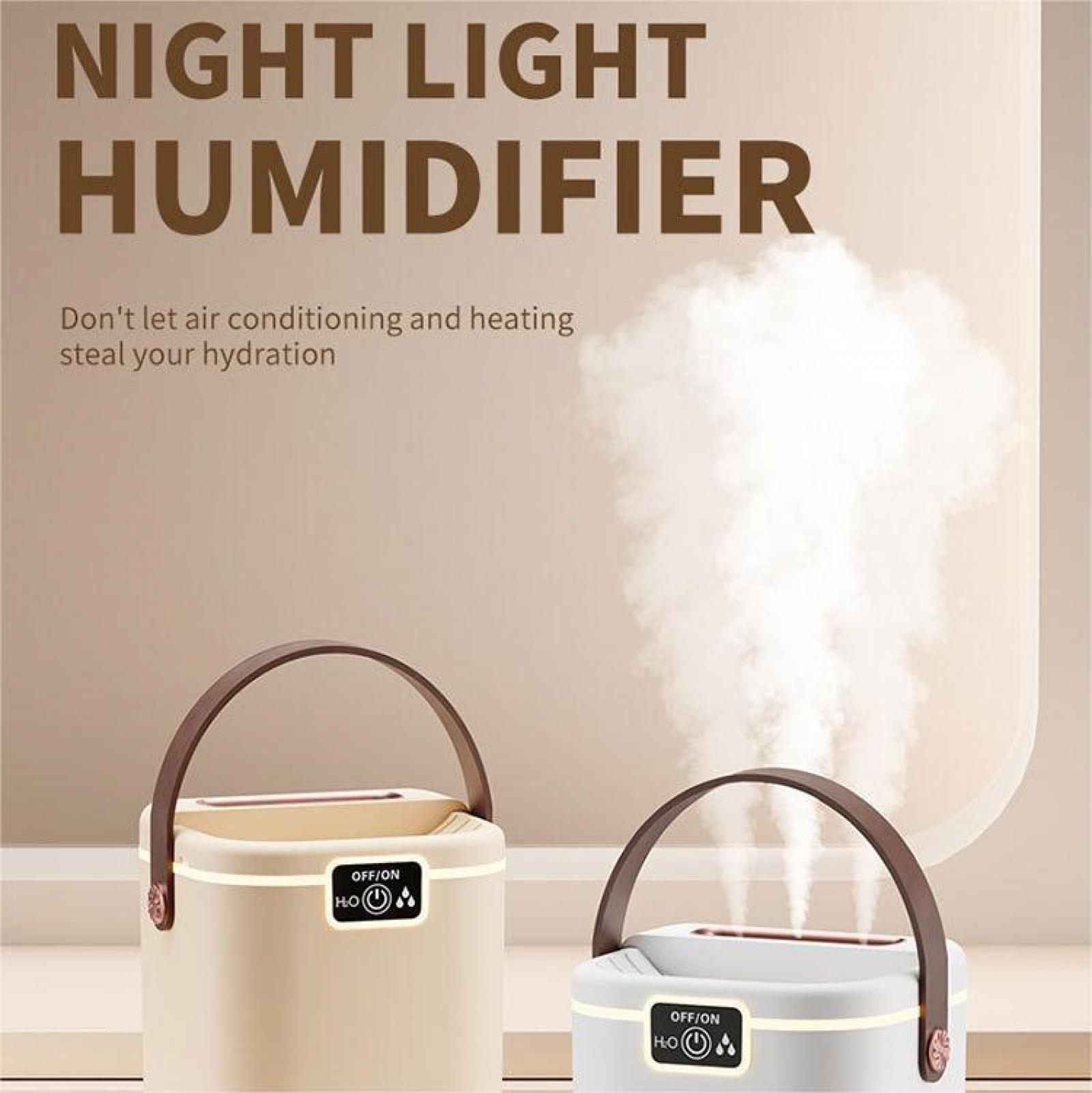 Zwei Luftbefeuchter mit Griffen, einer beige, einer weiß, mit aufsteigendem Dampf. Text: 'NIGHT LIGHT HUMIDIFIER'.