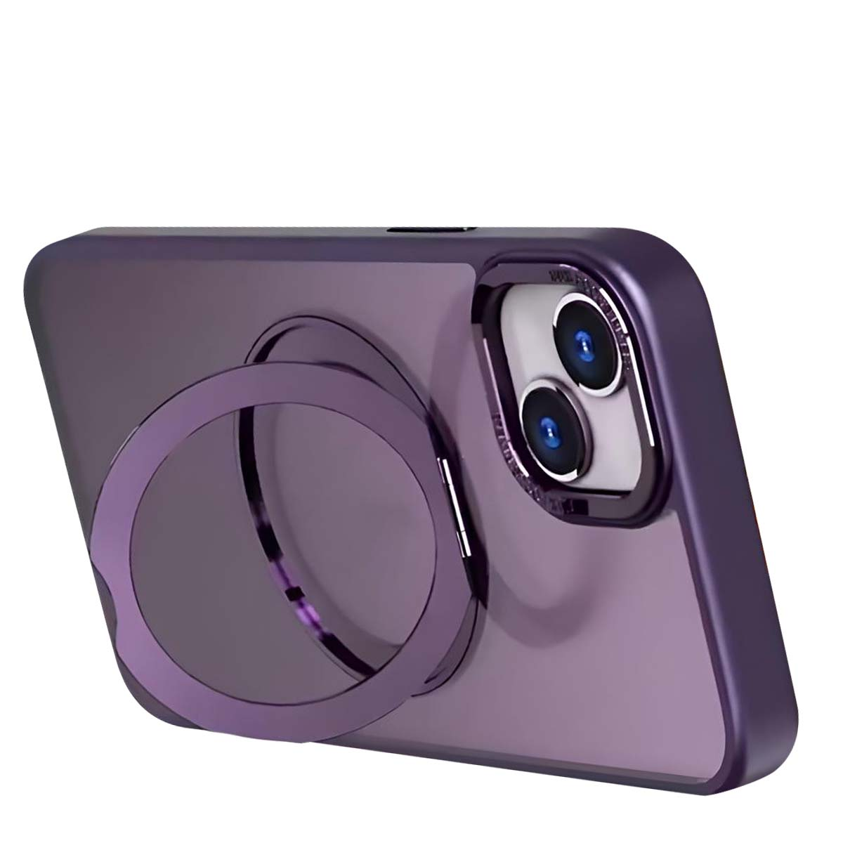 Una custodia per telefono viola con un anello di supporto attaccato. La custodia ha un modulo fotocamera e un retro trasparente. L'anello è viola.