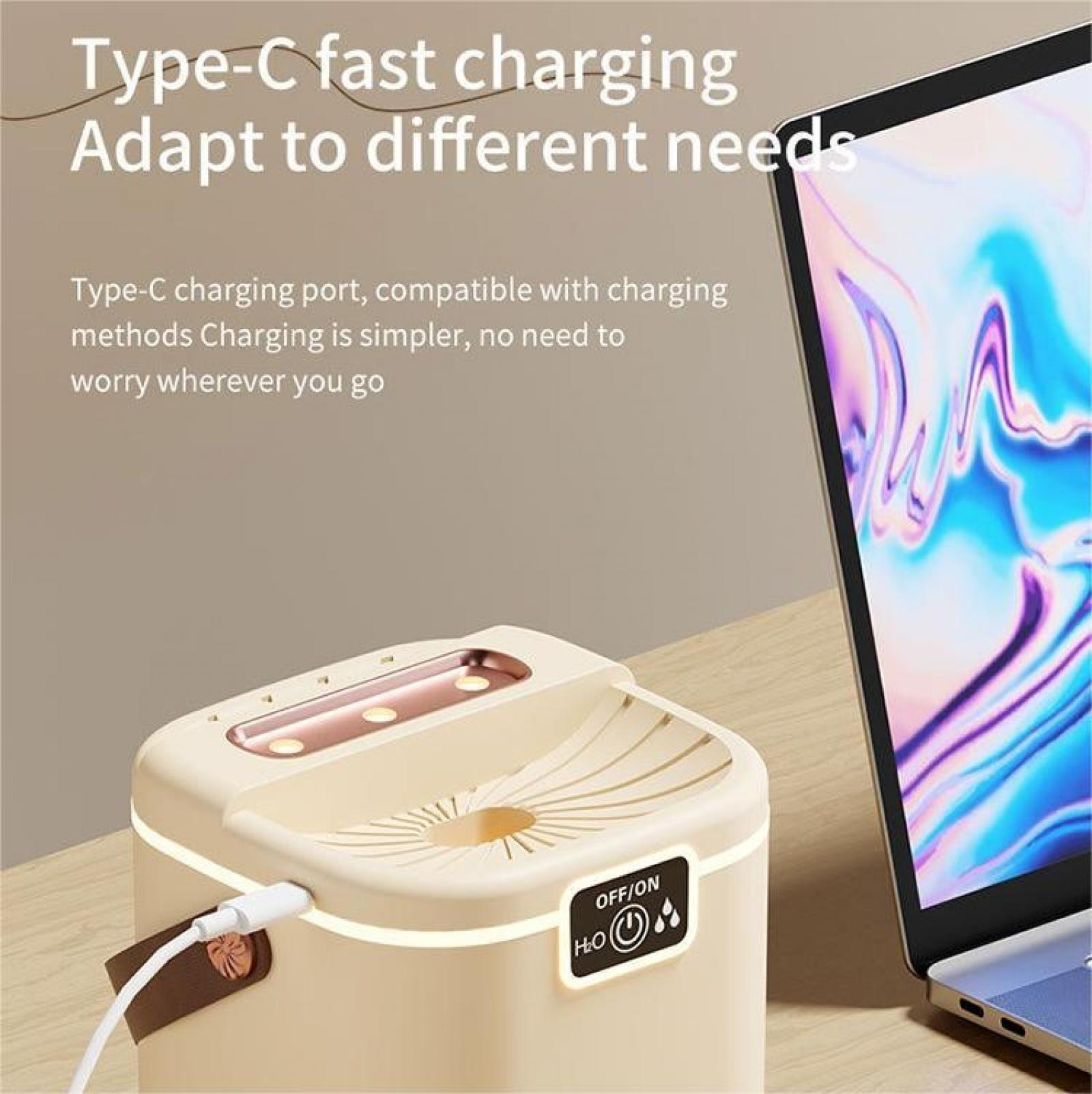 Beige Gerät mit Kabel. Im Hintergrund ein Laptop. Text: 'Type-C-Schnellladung'.