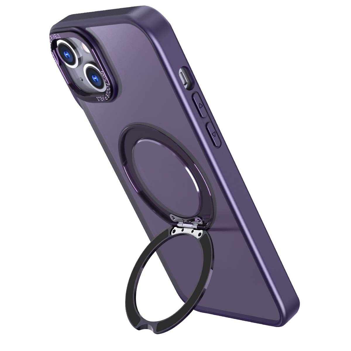 È mostrata una custodia per telefono viola con un supporto ad anello. La custodia ha un retro trasparente e un anello nero che può sostenere il telefono.