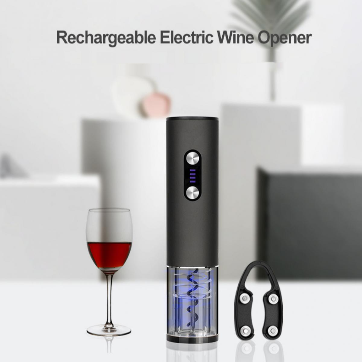 Ein elektrischer Weinöffner, ein Weinglas mit Rotwein und ein schwarzer Folienschneider auf weißer Oberfläche, mit Text oben.