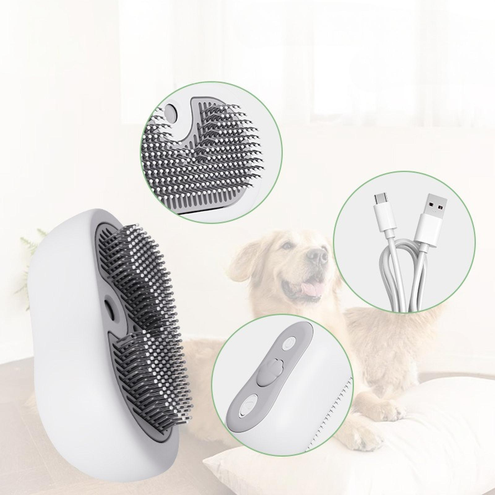 Eine weiße und graue Haustierbürste mit Details. Enthält Nahaufnahmen und einen Golden Retriever im Hintergrund.