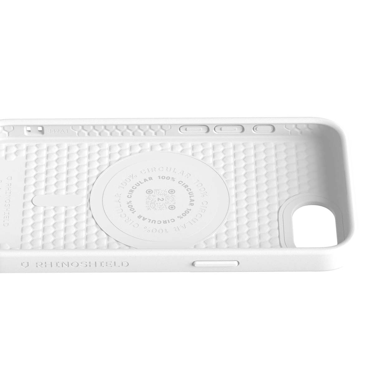 Coque de téléphone blanche avec un motif circulaire et les mots '100% CIRCULAR' et 'RHINOSHIELD' imprimés.