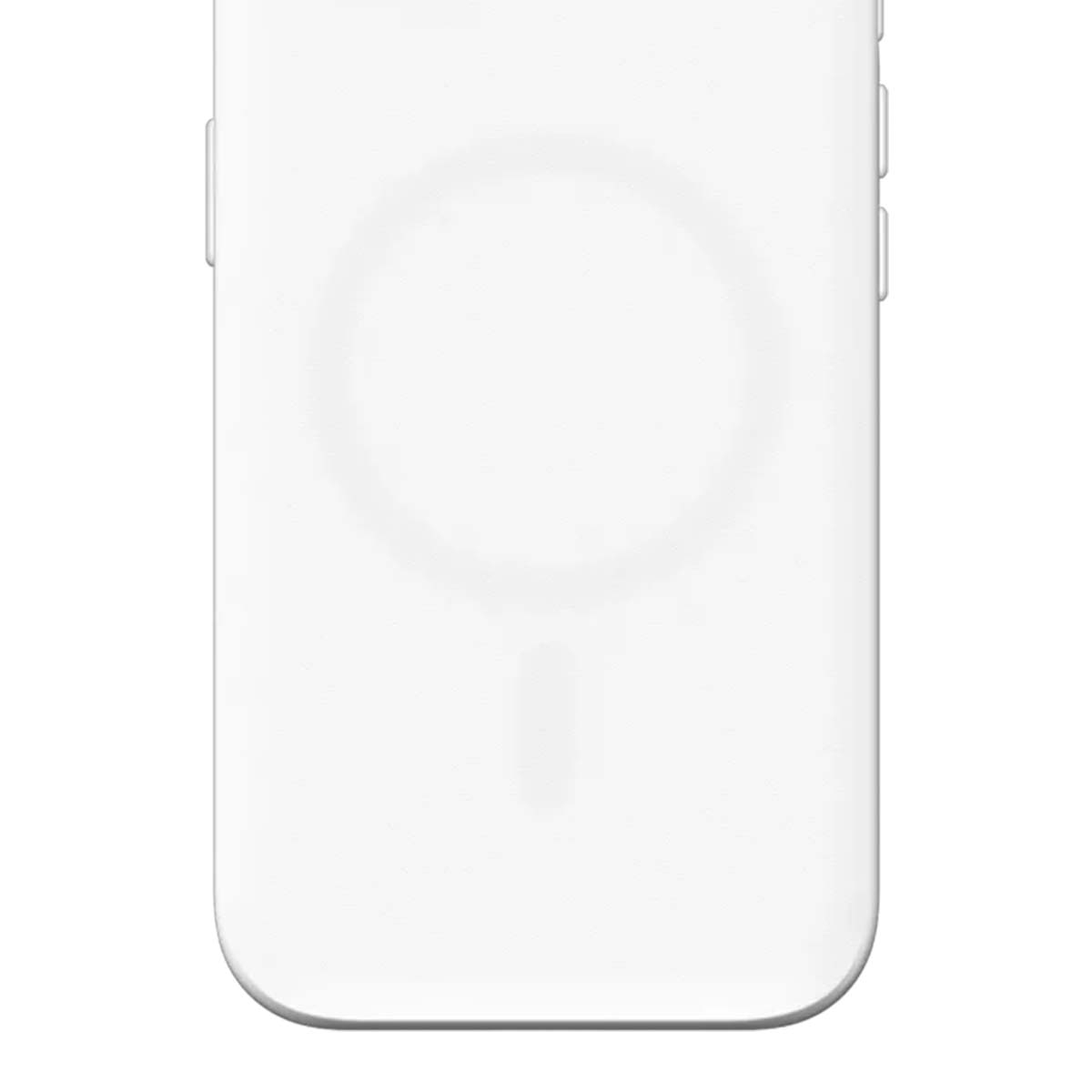 Une coque de téléphone blanche avec une ombre circulaire au milieu et un tiret vertical en bas, indiquant une zone de chargement.