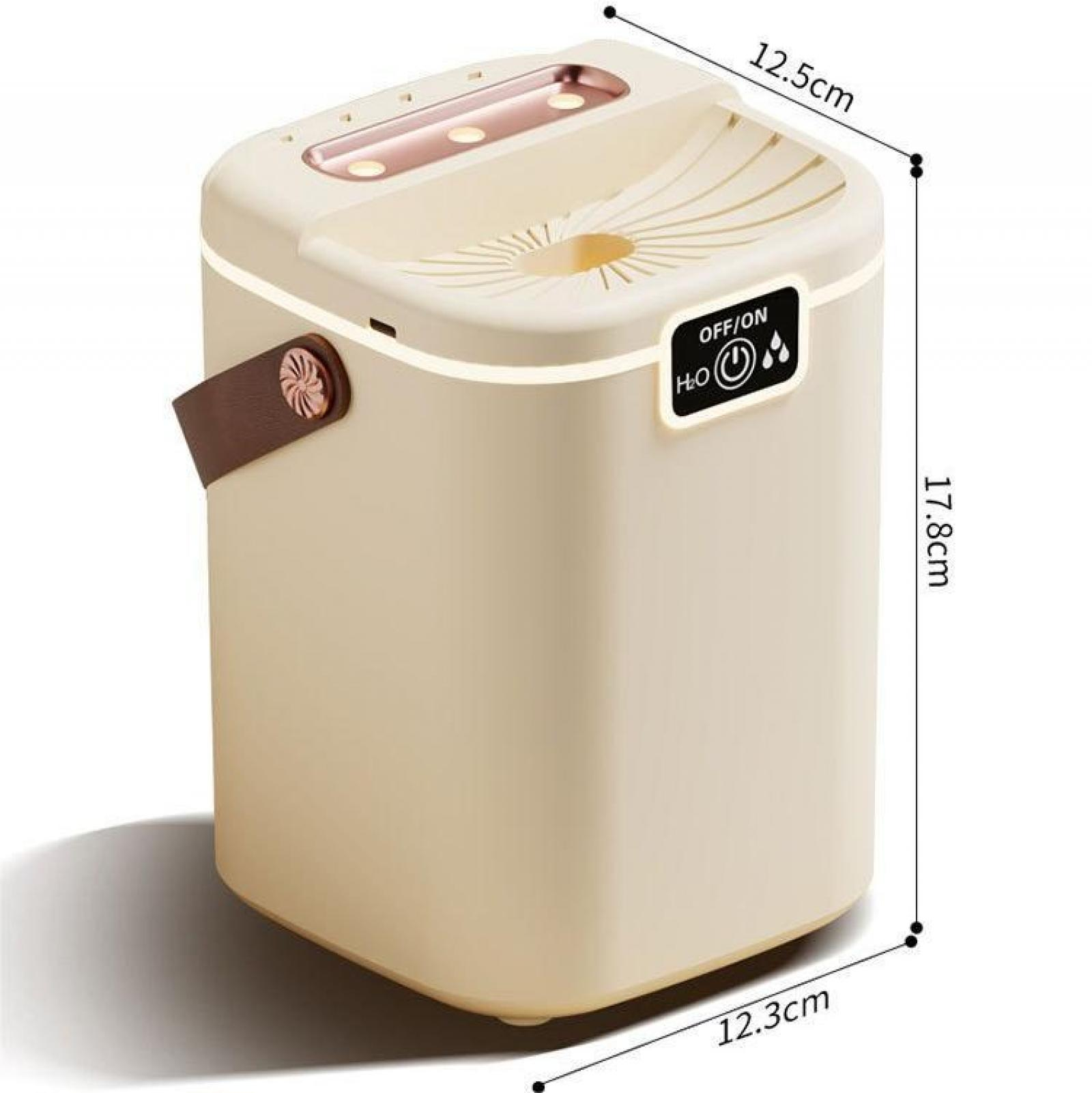 Beige Luftbefeuchter mit braunem Griff, Abmessungen sind angegeben. Er hat eine Ein-/Aus-Taste und ein Wassersymbol.