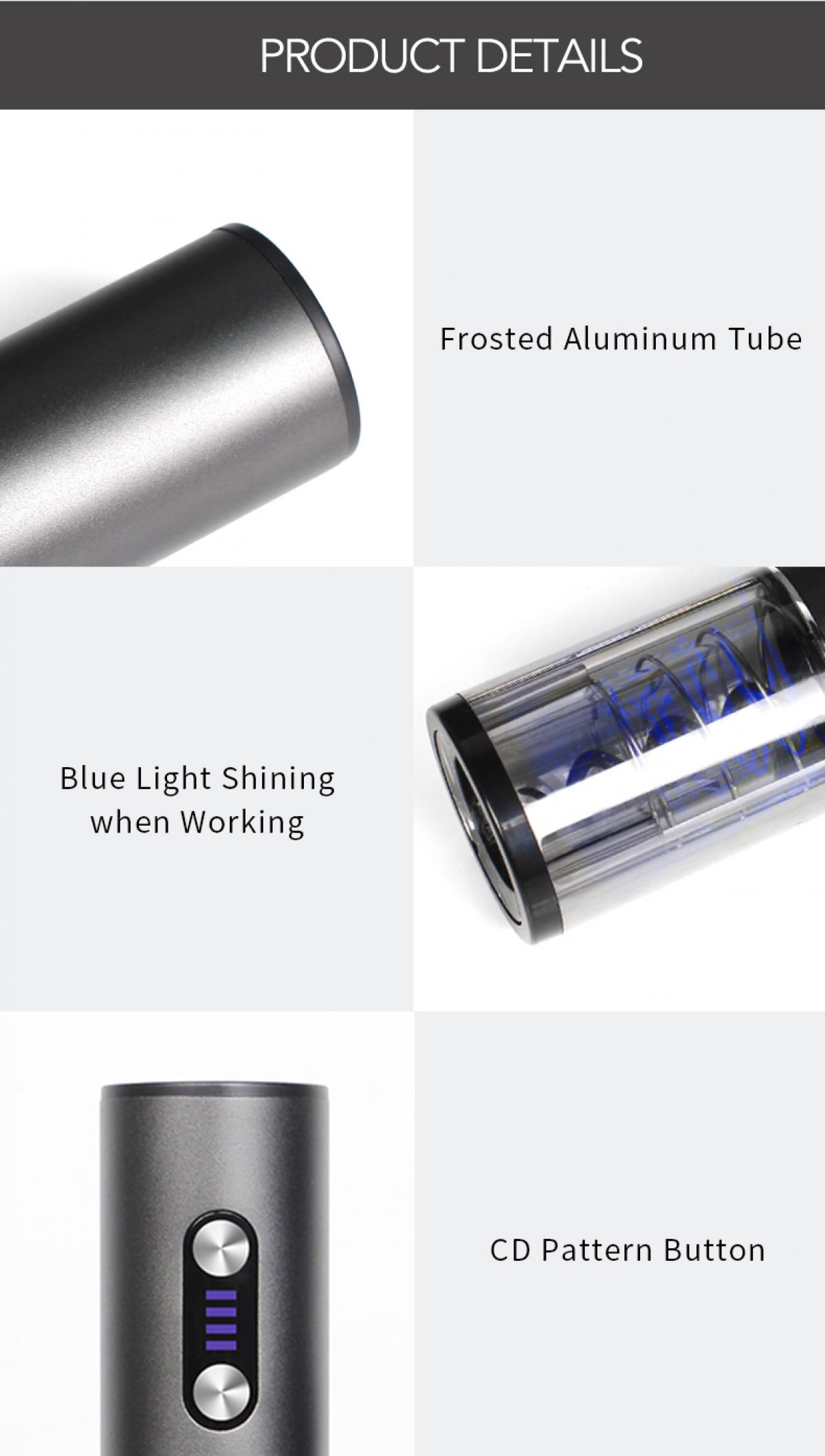 Produktdetails: Mattierte Aluminiumröhre, blaues Licht, CD-Muster-Taste und ein elektrisches Gerät.