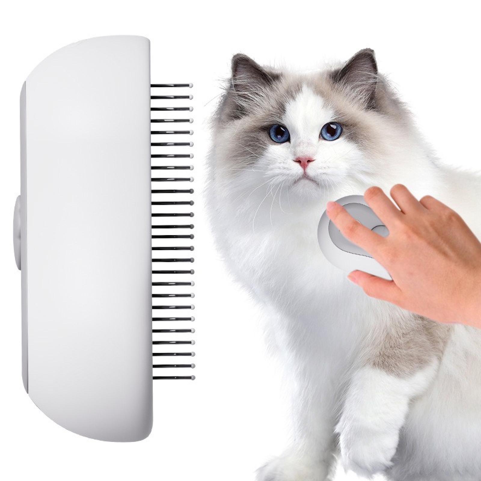 Eine weiße Katze mit blauen Augen wird gebürstet. Ein weißes Fellpflegewerkzeug wird neben einer Pflegestation verwendet.