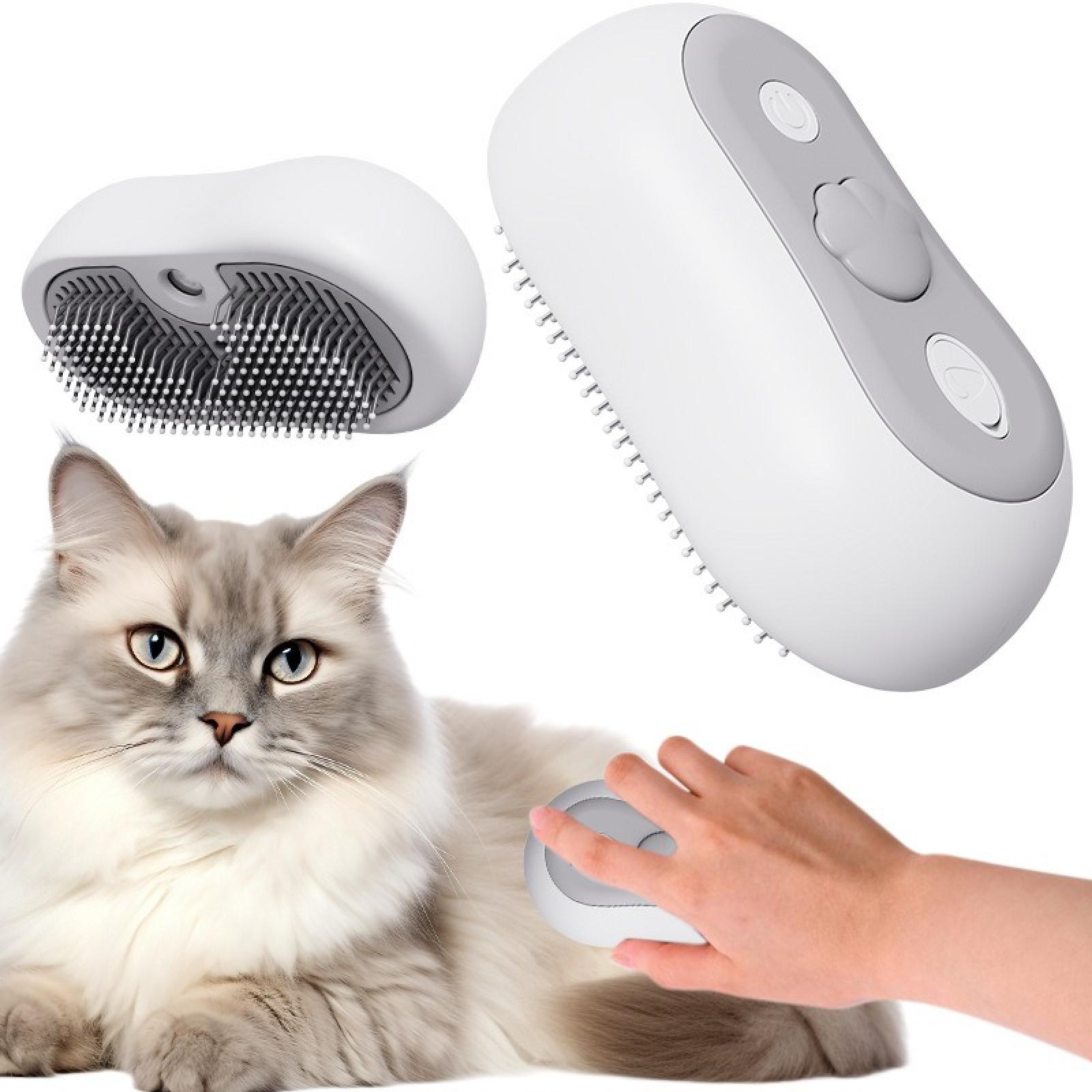 Eine Katze wird mit einer weißen und grauen Haustierbürste gepflegt. Es werden auch andere Bürsten gezeigt.