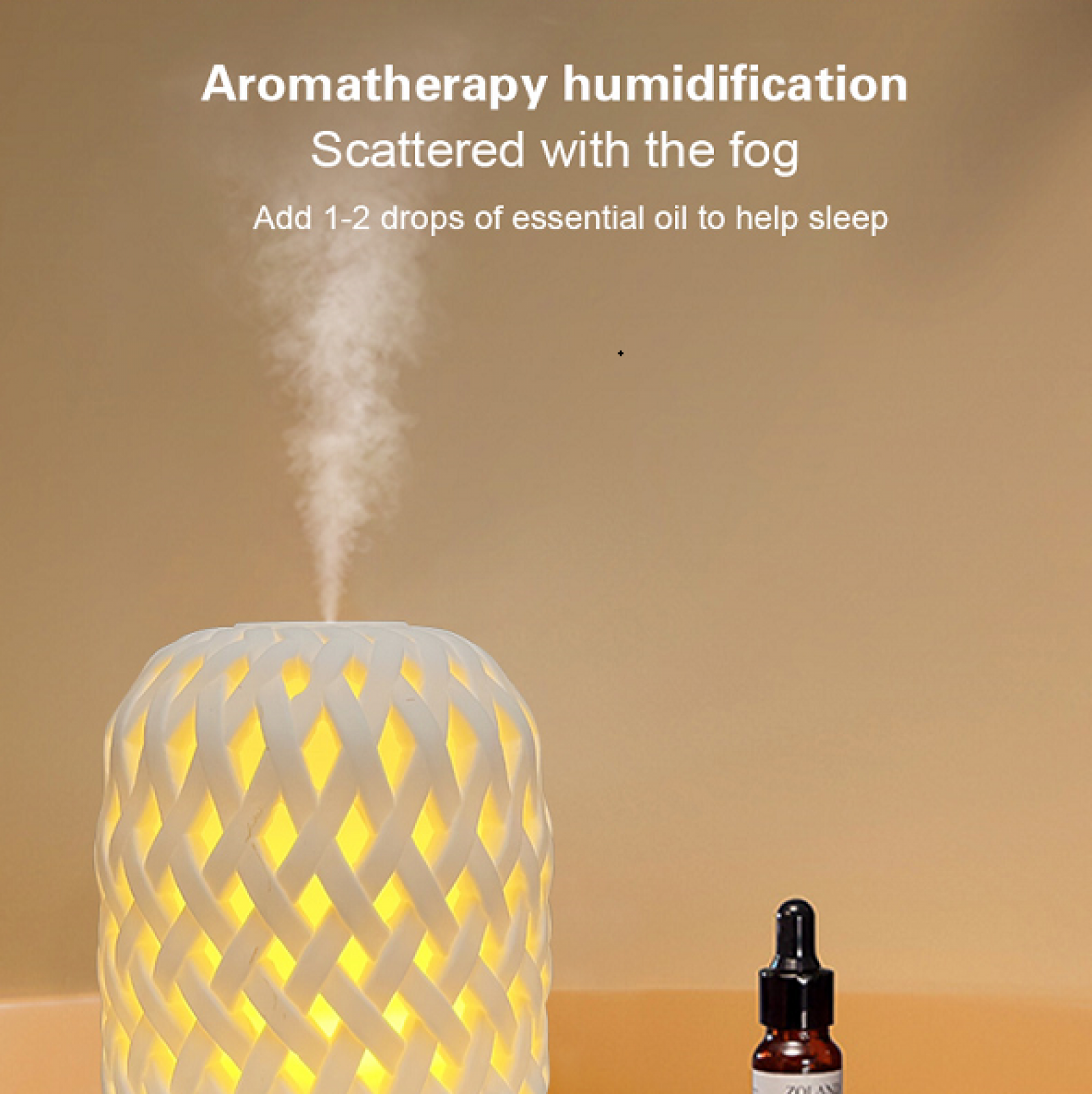 Ein weißer Aromatherapie-Diffusor mit Dampf, eine ätherische Ölflasche und Text auf braunem Hintergrund.