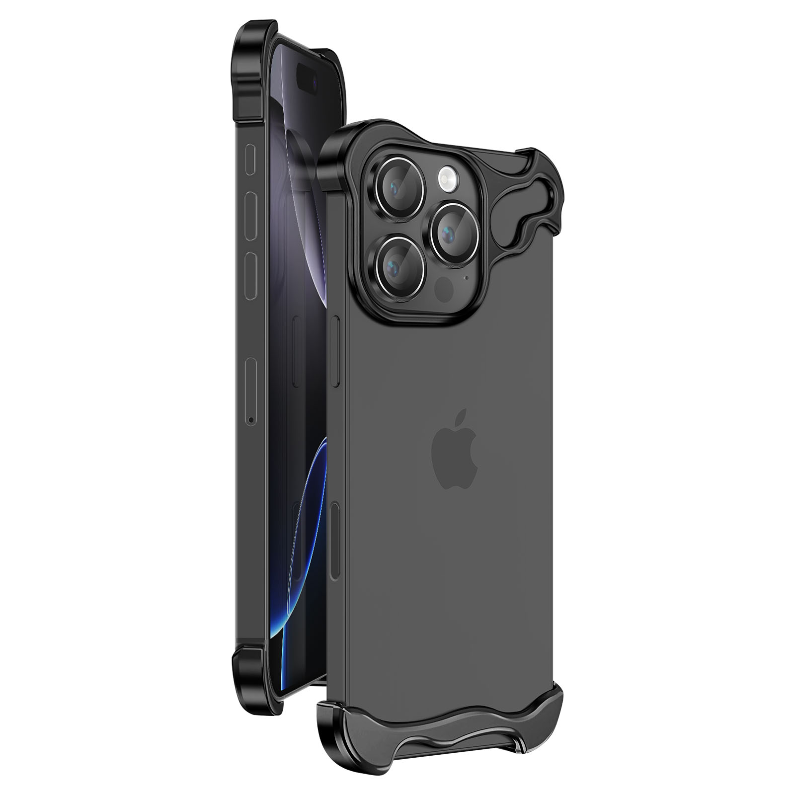 iPhone nero in una custodia protettiva. La custodia ha un design unico attorno alla fotocamera e ai bordi.
