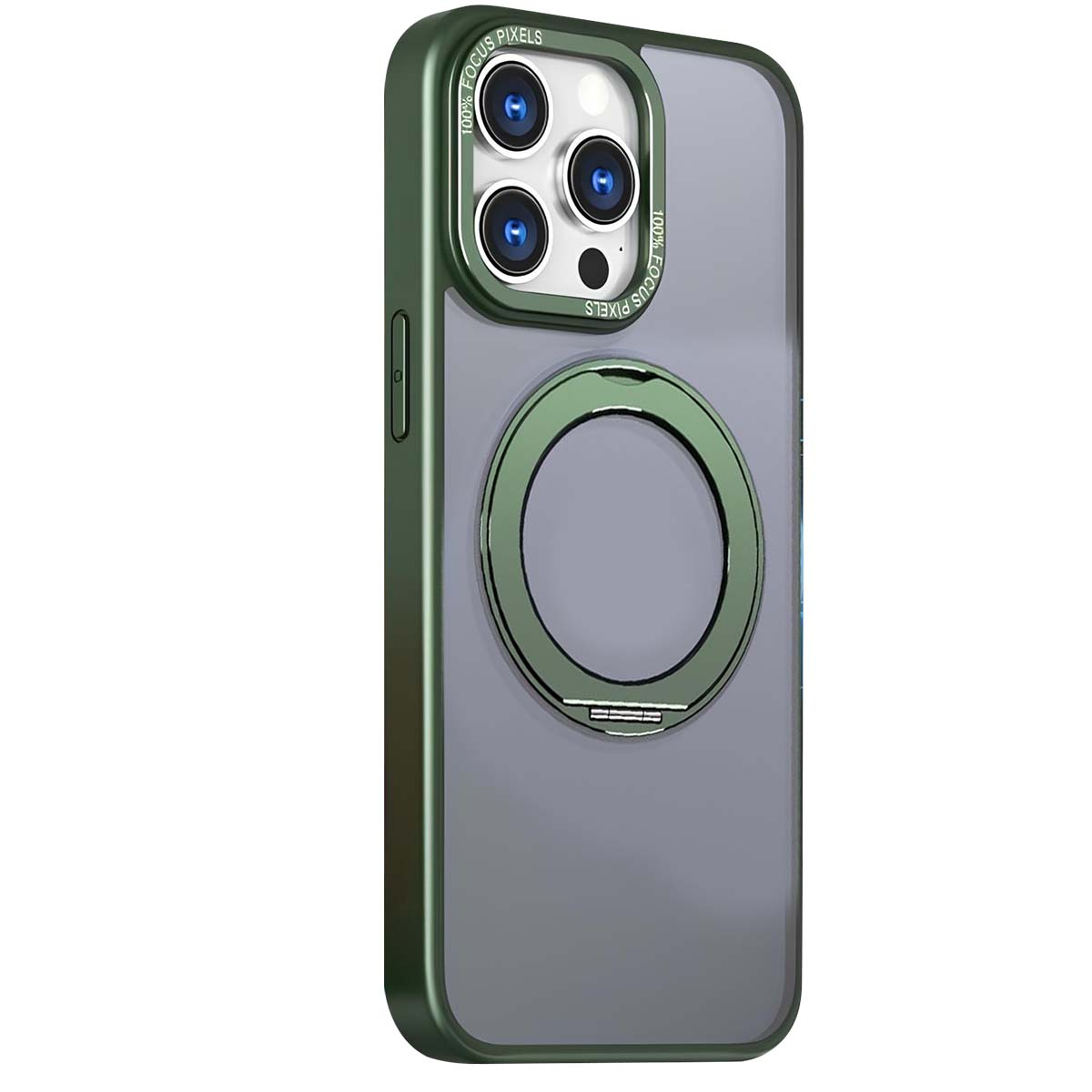 Custodia verde per telefono con retro trasparente. La custodia ha un anello per la fotocamera e un anello circolare sul retro. La cornice è verde.