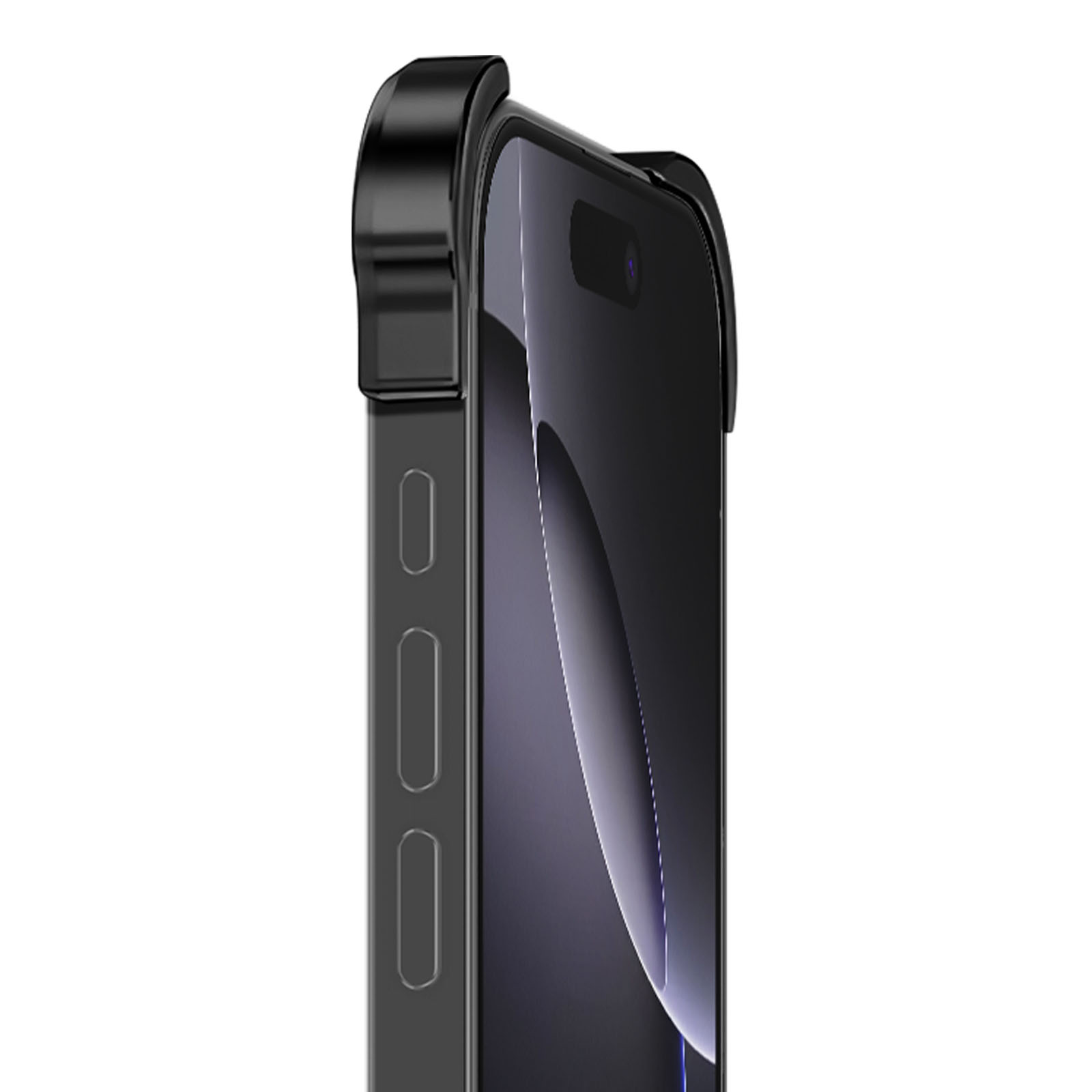 Un primo piano di uno smartphone nero con una custodia nera. Vista laterale, che mostra i pulsanti e la fotocamera.