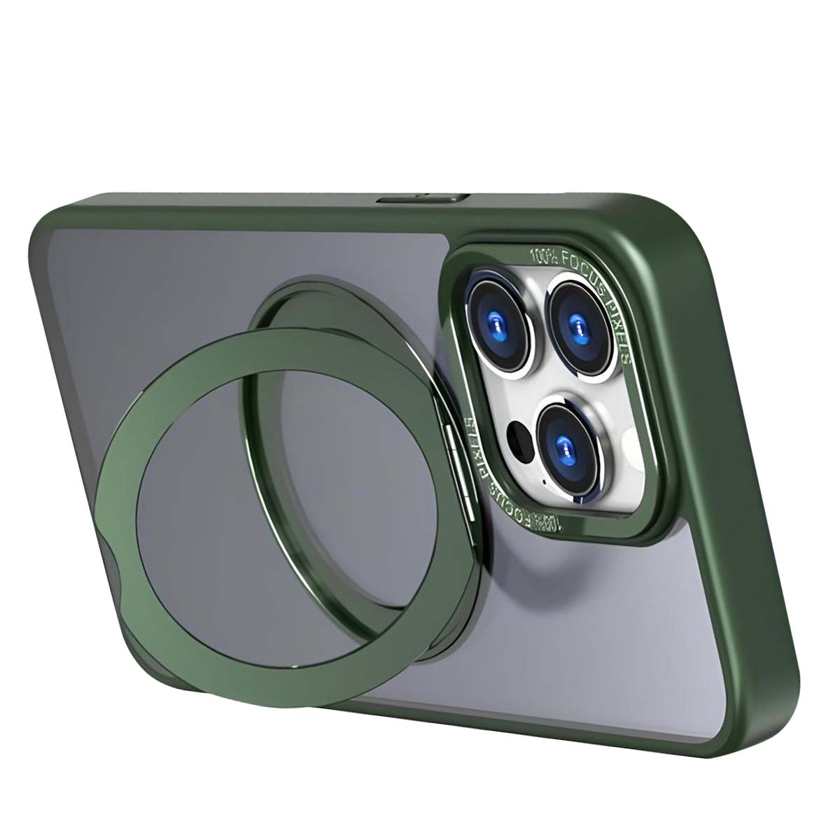 Una custodia verde per telefono con supporto ad anello. La custodia ha un retro trasparente e una cornice verde. Le lenti della fotocamera sono visibili.