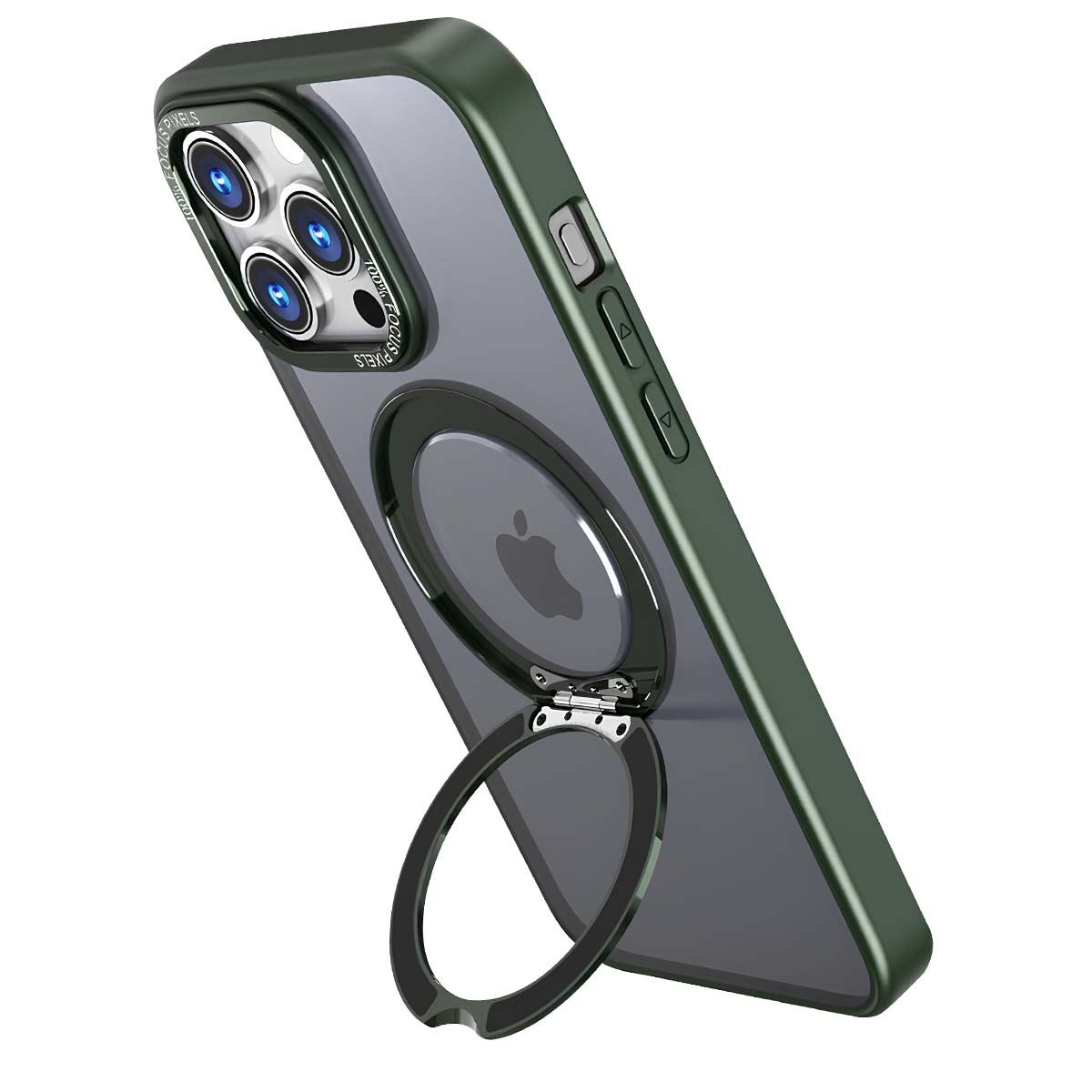 Custodia verde per telefono con supporto ad anello. La custodia ha un retro trasparente e un anello nero. Logo Apple visibile. Obiettivi.