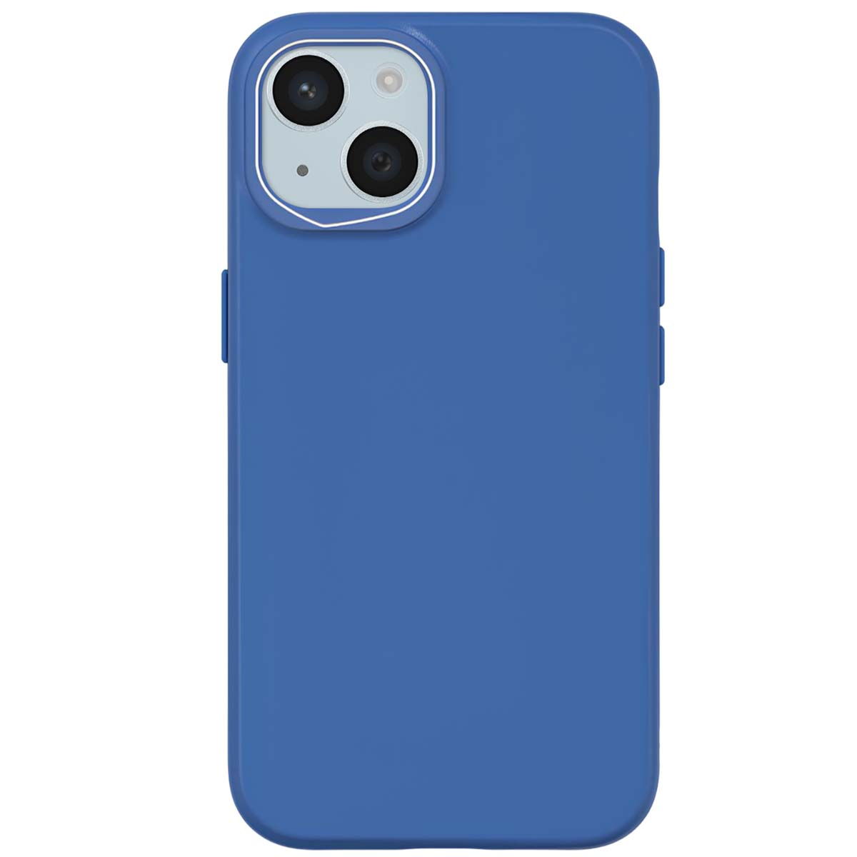 Custodia blu per telefono. Parte superiore con lenti della fotocamera. Pulsanti laterali. Colore blu liscio e uniforme.