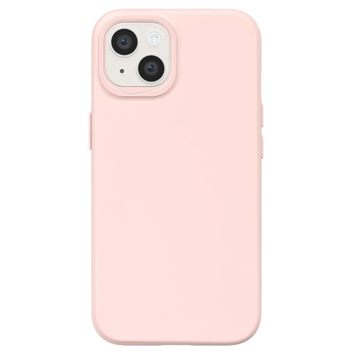 Una custodia per telefono rosa chiaro. Ha un modulo fotocamera con due obiettivi e un flash. La custodia copre la parte posteriore e i lati del telefono.