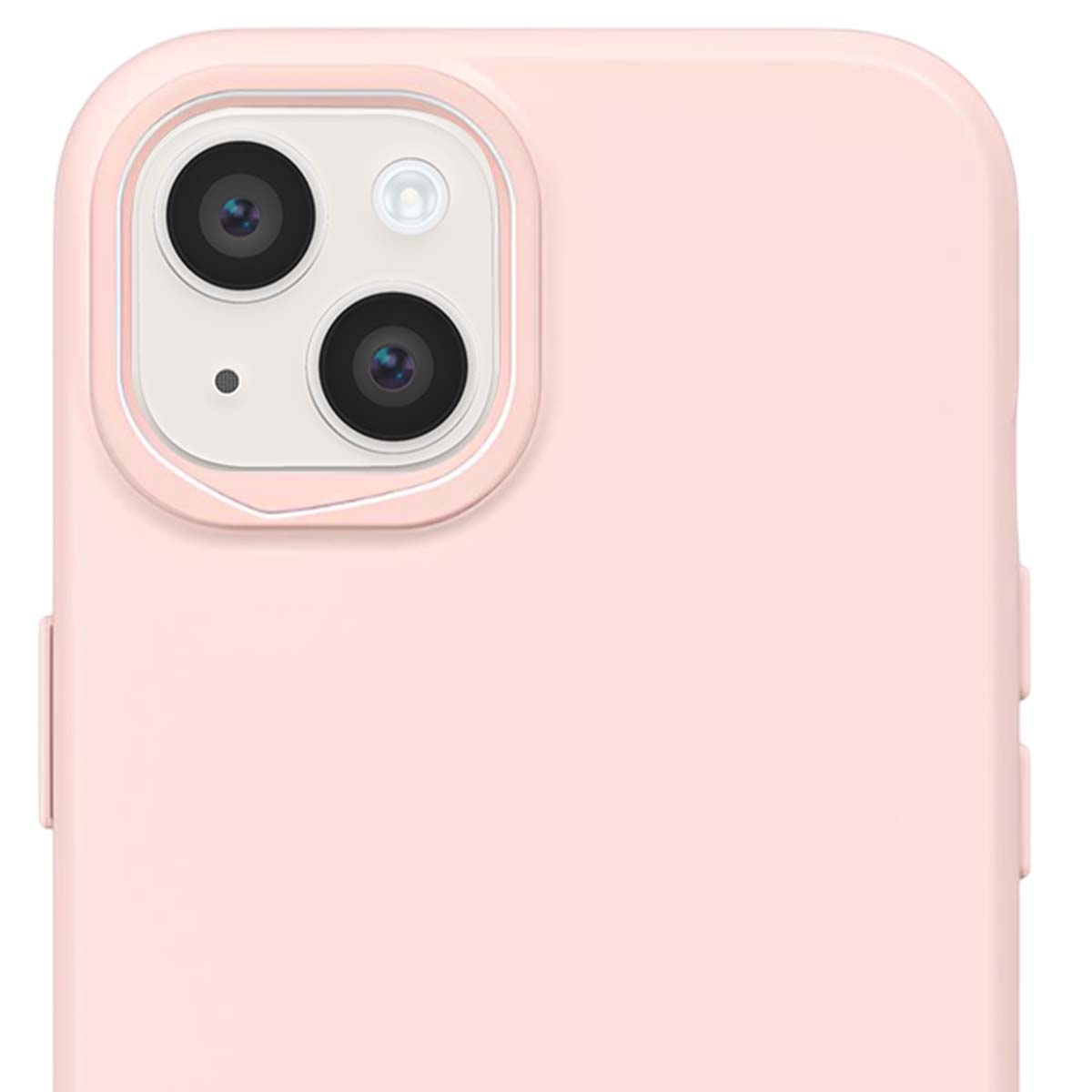 Primo piano di una custodia rosa per telefono. L'angolo in alto a sinistra mostra il modulo fotocamera con due lenti e un flash.