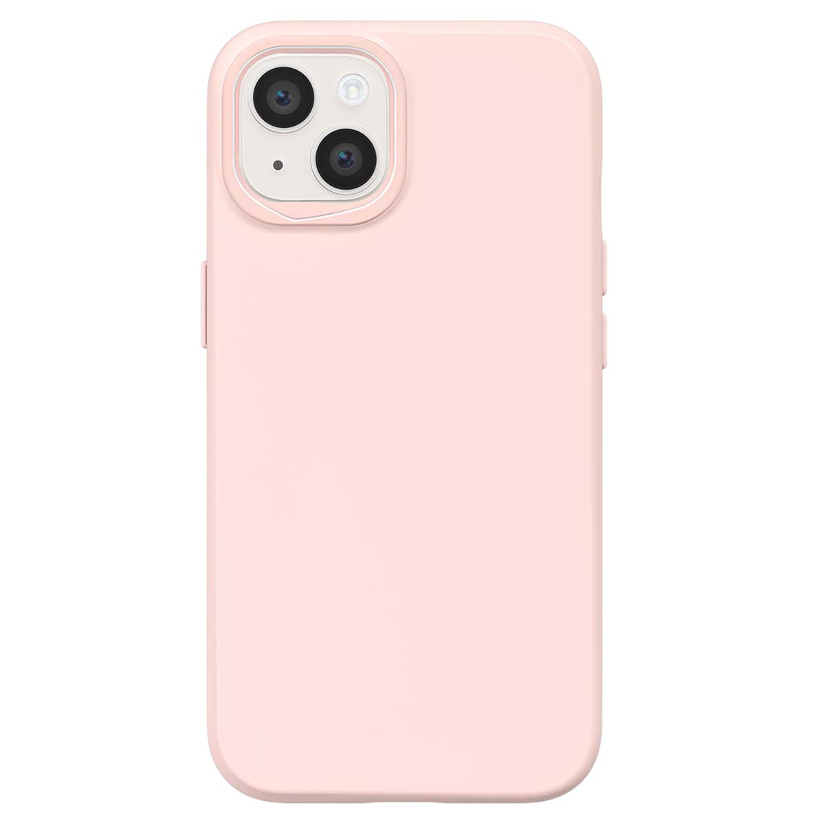 Una custodia per telefono rosa chiaro con una configurazione a doppia fotocamera in alto a sinistra. La custodia è liscia e ha bordi arrotondati.