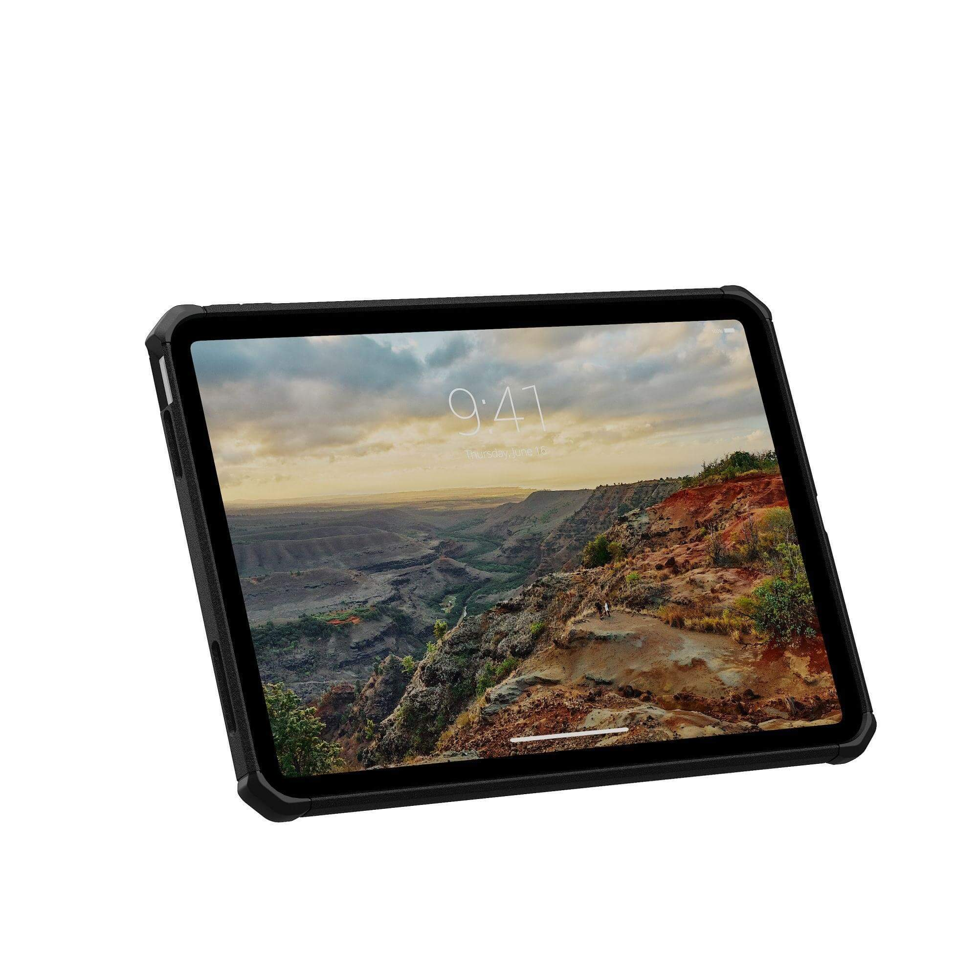 iPad w czarnym etui wyświetla obraz kanionu o godzinie 9:41.