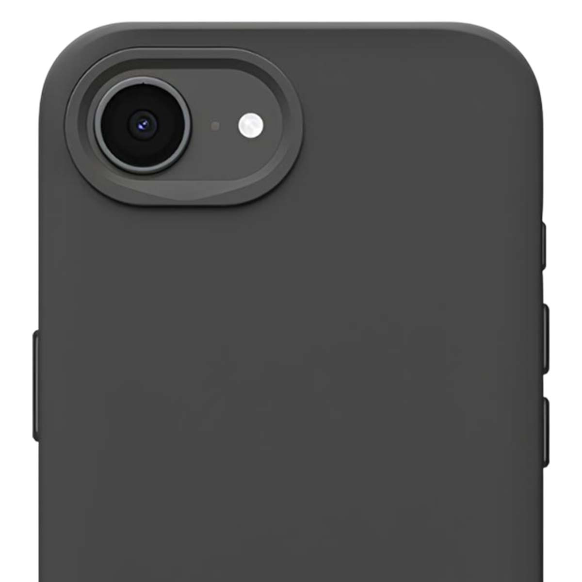 Primo piano di una custodia per telefono grigio scuro. Fotocamera e flash in alto a sinistra. La custodia ha una consistenza liscia.